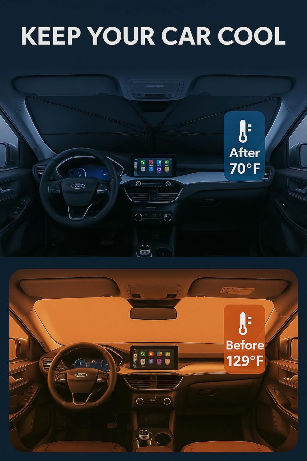 Proadsy Windshield Sun Shade Umbrella for Ford Escape 2020-2025 2026 Foldable Car Umbrella Sunshade with Soft TPU Handle Spring Structure Crystal Cooling Material Protect Car from Rays & Heat