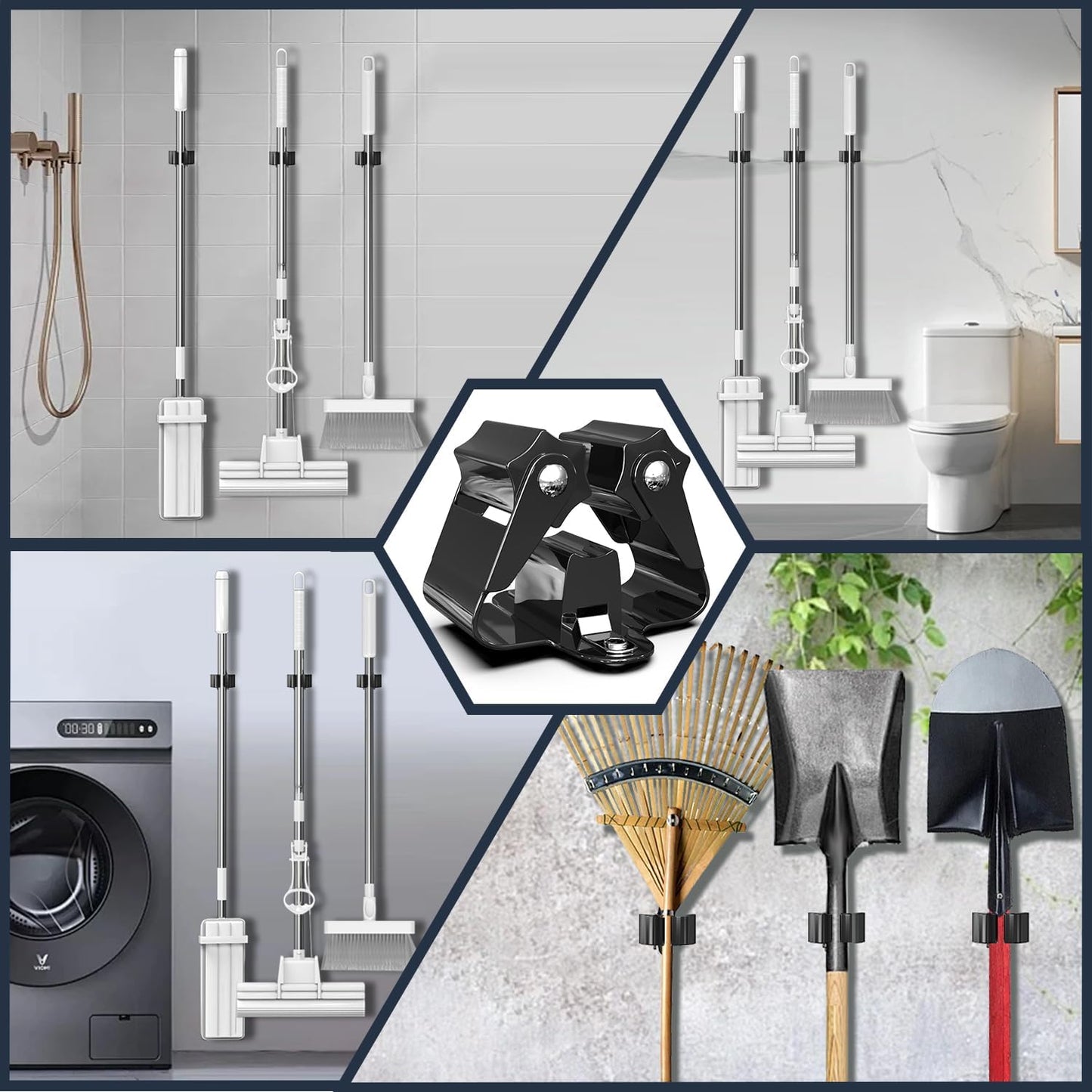 3-H Stainless Steel Broom Holder Wall Mount 4-Pack-Heavy Duty Mop Organizer, Wall Mounted Broom Storage with Secure Mounting for Laundry Garage Bathroom