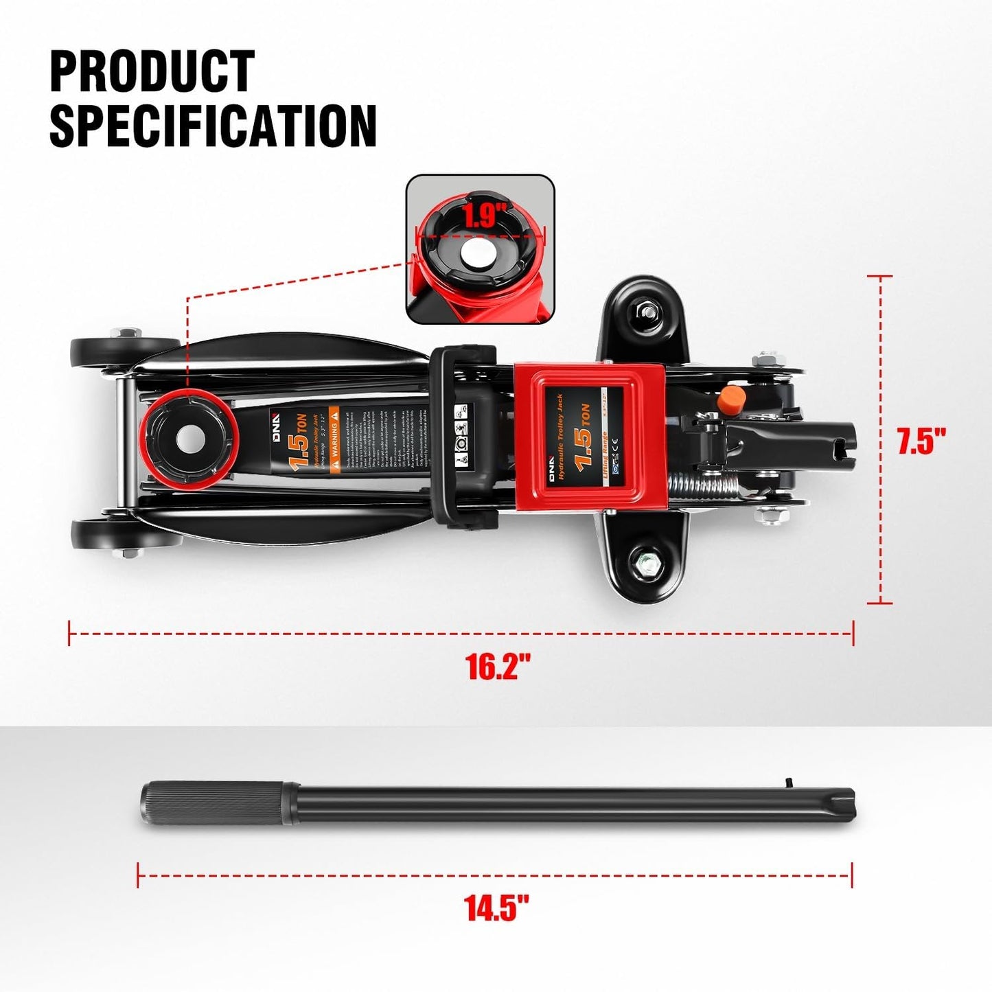 DNA MOTORING Low Profile Hydraulic Trolley Service/Floor Jack, 1.5 Ton (3000 lbs) Capacity, Lifting Range 5.3"-12", Black, TOOLS-00327-BK