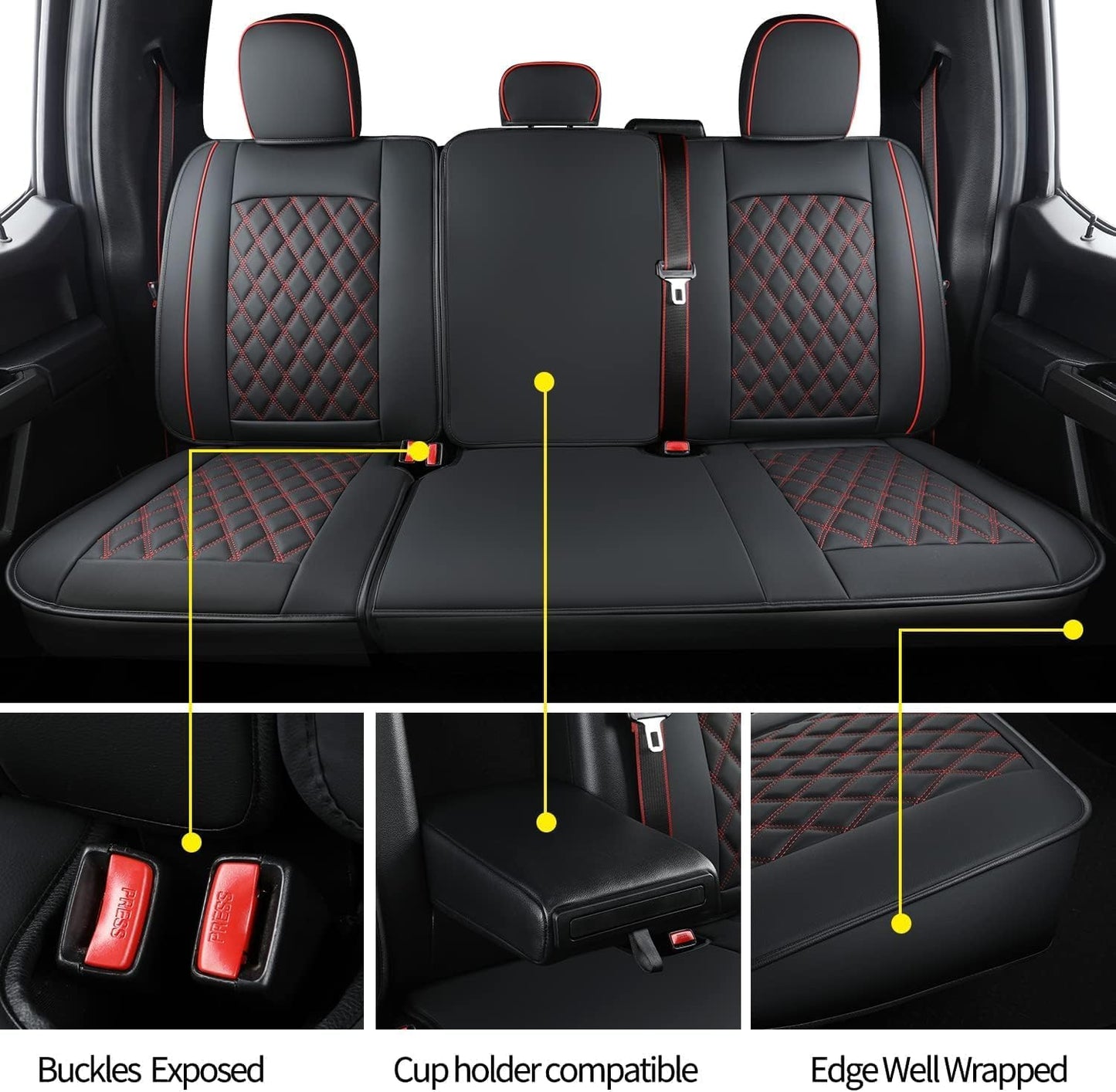 LUCKYMAN CLUB F150 Seat Covers Fit for 2010-2014 F150 SuperCrew with Waterproof Faux Leather(Full Set, Black&Red)