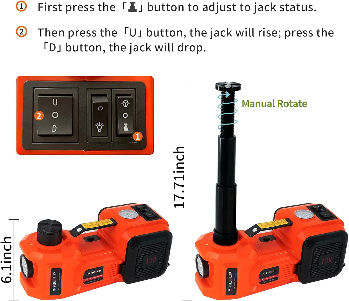 E-HEELP Electric Car Jack 5Ton 12V Kit Hydraulic (Lifting Range: 6.1~17.7 inch) with Inflator Electric Jack for Car SUV Sedan MPV Change Tires Garage Repair Emergency Kit