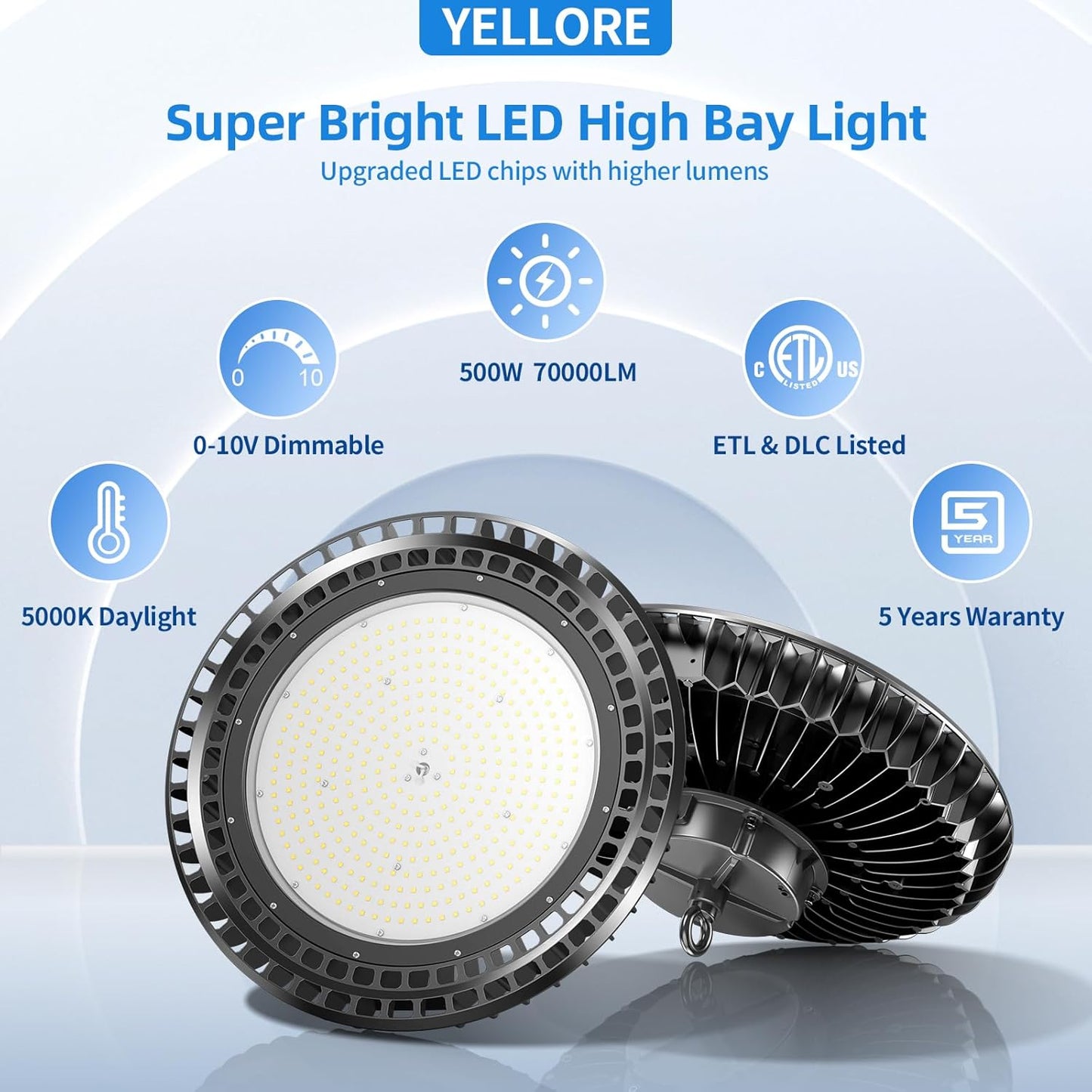 3 Pack 500W LED High Bay Light 72,500LM DLC ETL Listed Industrial Grade UFO Light Dimmable IP65 Waterproof 5000K Commercial Bay Lighting for Warehouse Garage Factory 110V 120V
