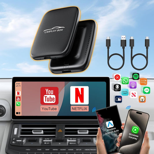 2025 Upgraded Wireless Carplay and Android Auto Dongle Support Netflix/YouTube,Car Play Ai Box with USBA-C and USBC-C Cable for iPhone Android,Convert Wired to Wireless CarPlay Stream to Your Car