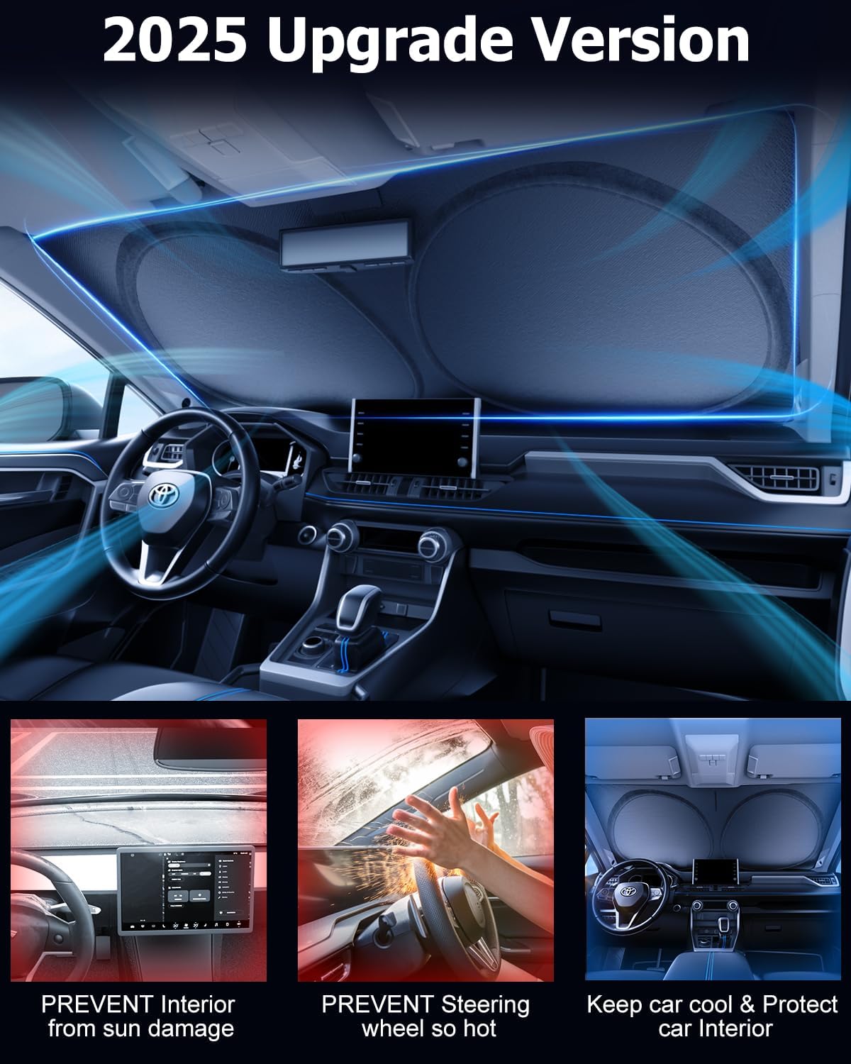 [2025 Upgrade] DMJN Windshield Sun Shade Car, [100% Sun Bolck & UV Reflective] Keep Car Cool & Interior Protection Sunshade, Flexible & Durable Sun Visor Universal Fit Small