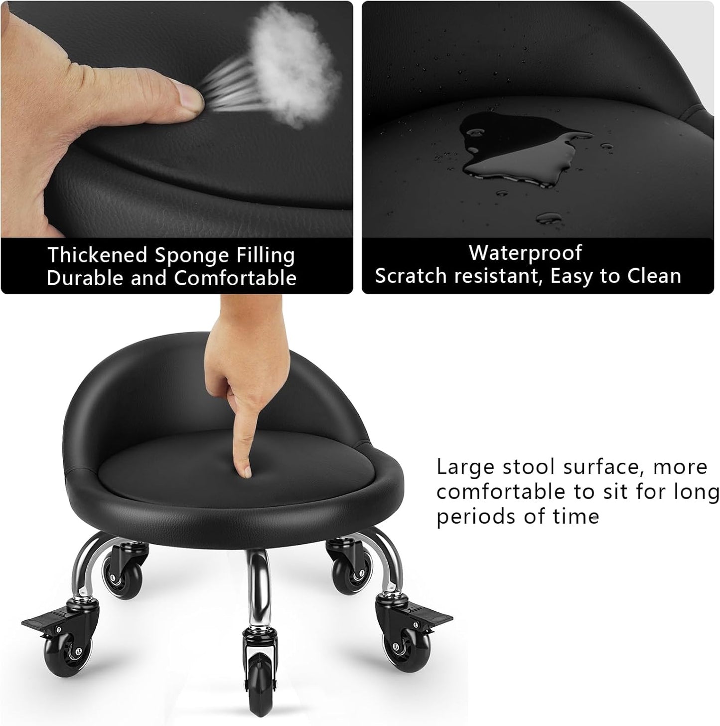 Rolling Stool with Backrest Low Height Rolling Stool with PU Leather, Roller Stool Chair, Roller Seats for Home, Office, Garage, Shop, Library (3.2" h Casters)