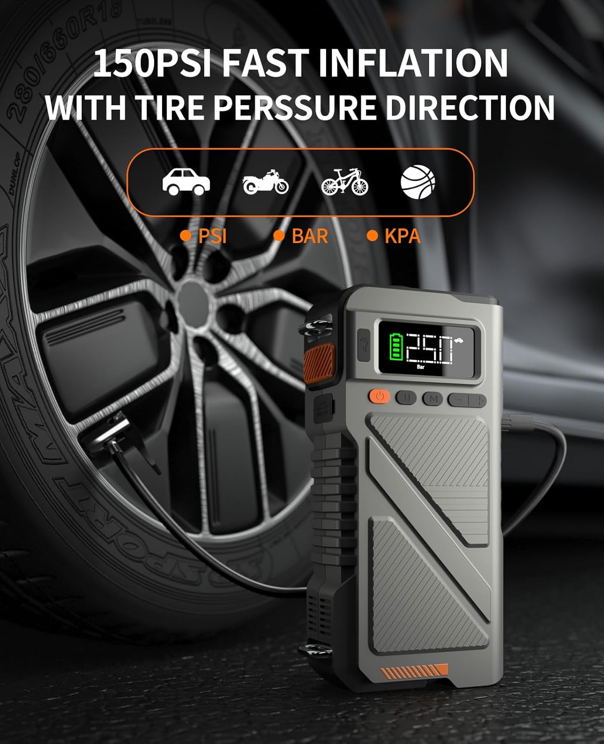 Portable Car Jump Starter with Air Compressor, 8000A Jump Box Combo 150PSI Tire Inflator, 12V Vehicle Jumpstarter Power Pack for All Gas/12L Diesel