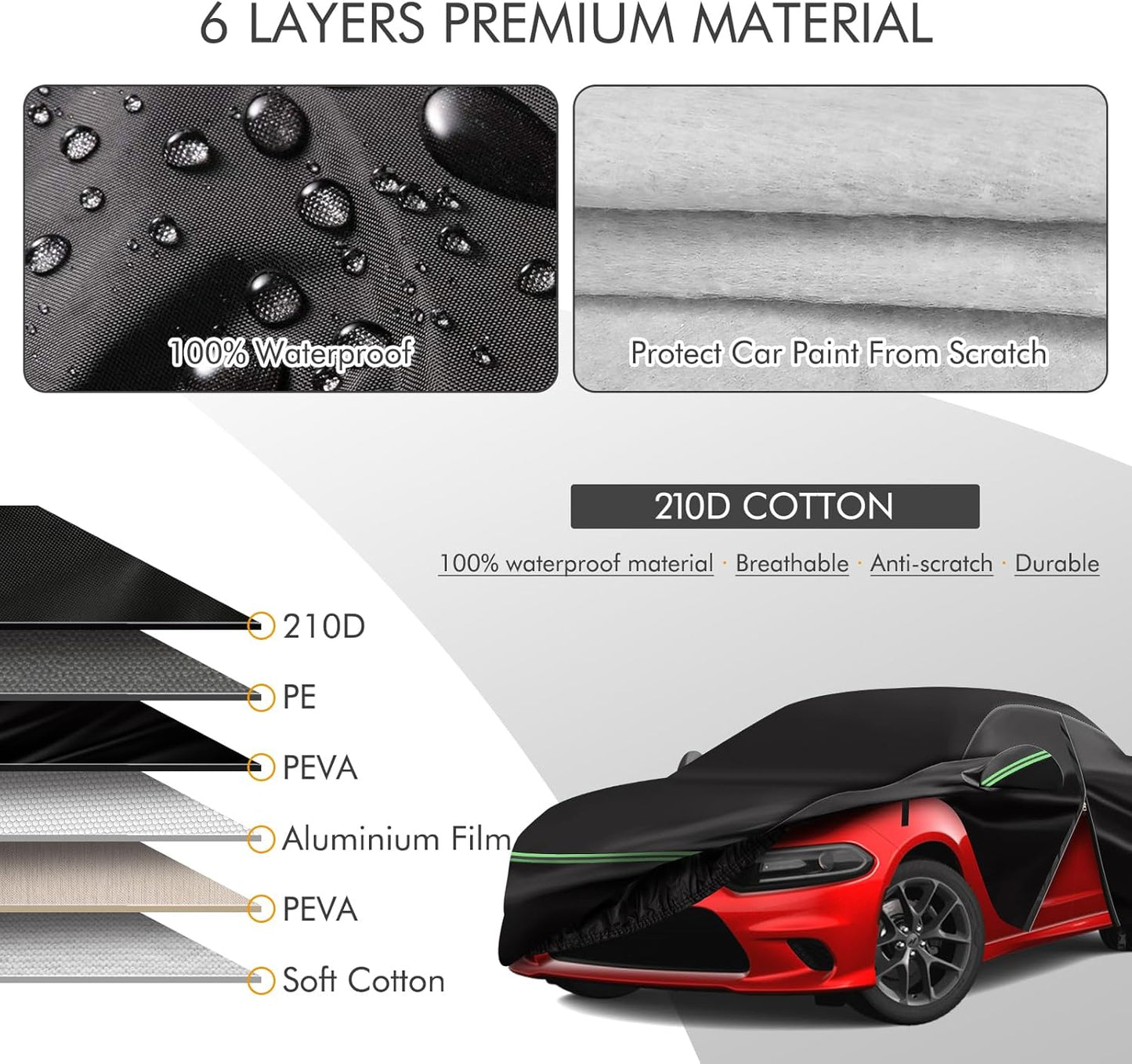 for 2006-2021 Dodge Charger Car Cover 210D Outdoor Waterproof UV Sun Rain Snow Protection, for SE SXT R/T Daytona, Custom-fit Protective Full Cover with Cotton Layer Windproof Strap Storage Bag