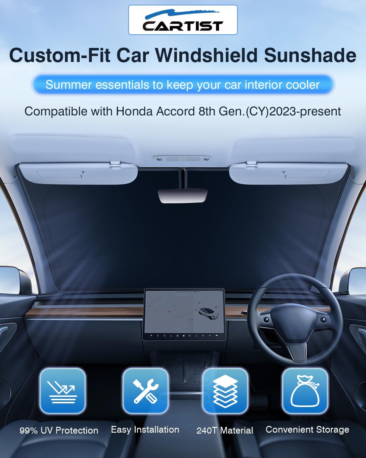 Cartist 5-Layer Windshield Sun Shade Custom Fit for Honda Accord 2023 2024 2025 2026 Honda Accord Accessories 2024 Foldable Car Front Window Sunshade Sun Visor Protector