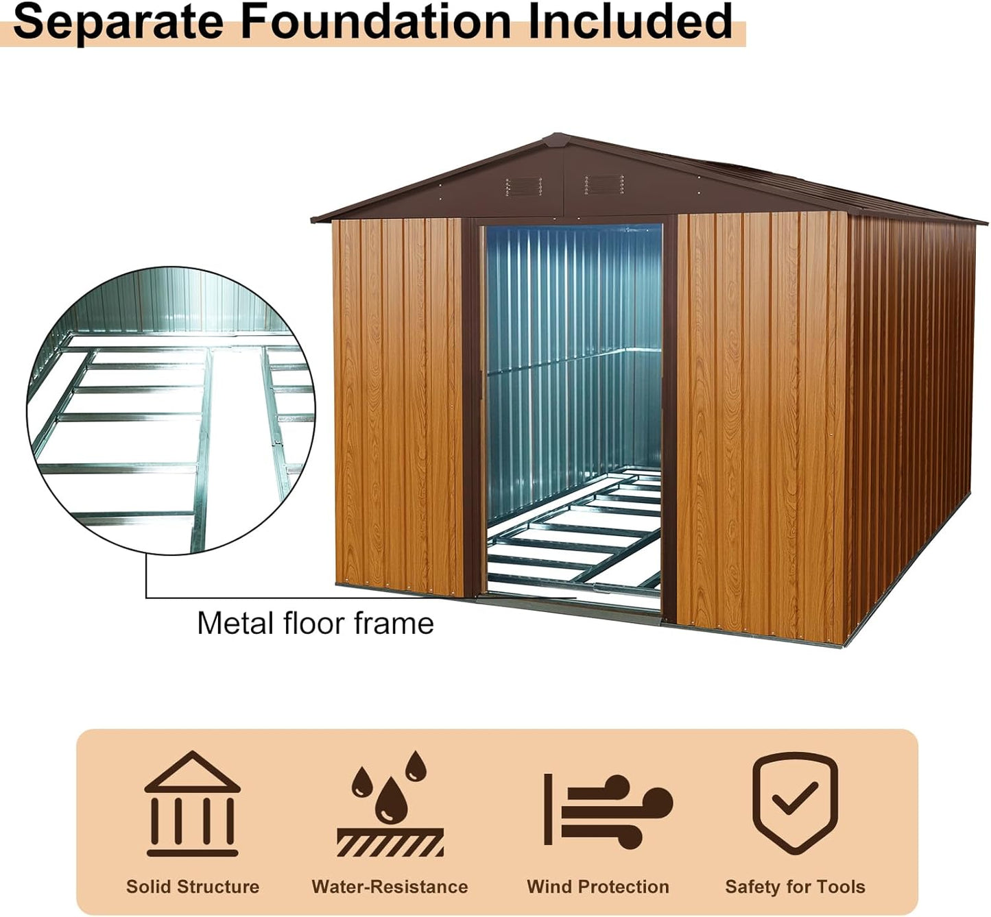 10x8 FT Outdoor Storage Shed, Garden Tool House with Metal Floor Base, Double Sliding Doors, Air Vents, Storage Clearance for Backyard, Patio, Garage, Lawn, Coffee