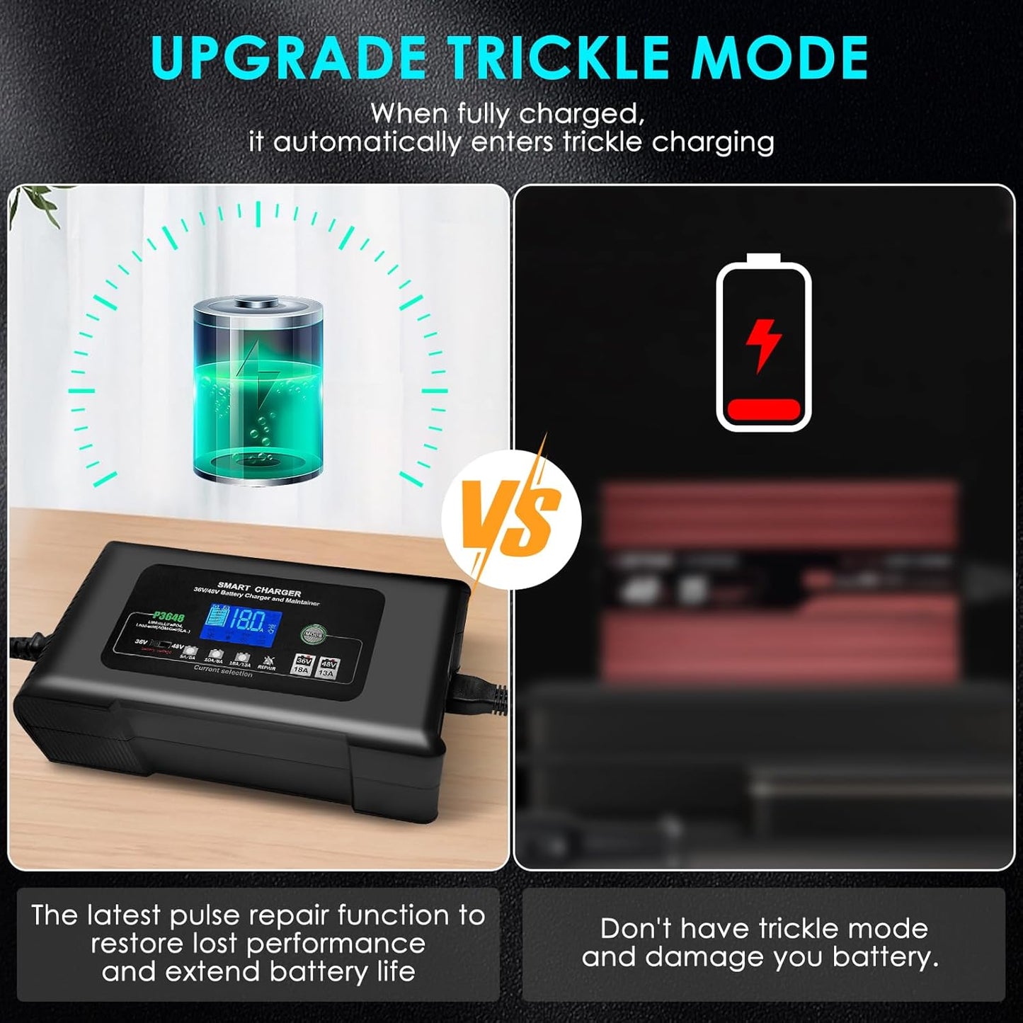 36V/48V Golf Cart Charger, 18Amp Smart Charger, Trickle Battery Charger Maintainer, D-Plug, Lithium, LiFePO4, Lead-Acid AGM/Gel/SLA, EZGO TXT, Car, Boat