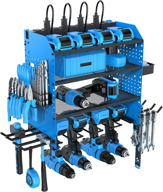 Heavy Duty Power Tool Organizer Wall Mount with Charging Station, 4 Layer Garage Storage Adjustable Shelves Height, Holds 4 Drills, 2 Hooks, Screw & Screwdriver box, Gifts for Fathers Day, Anniversary