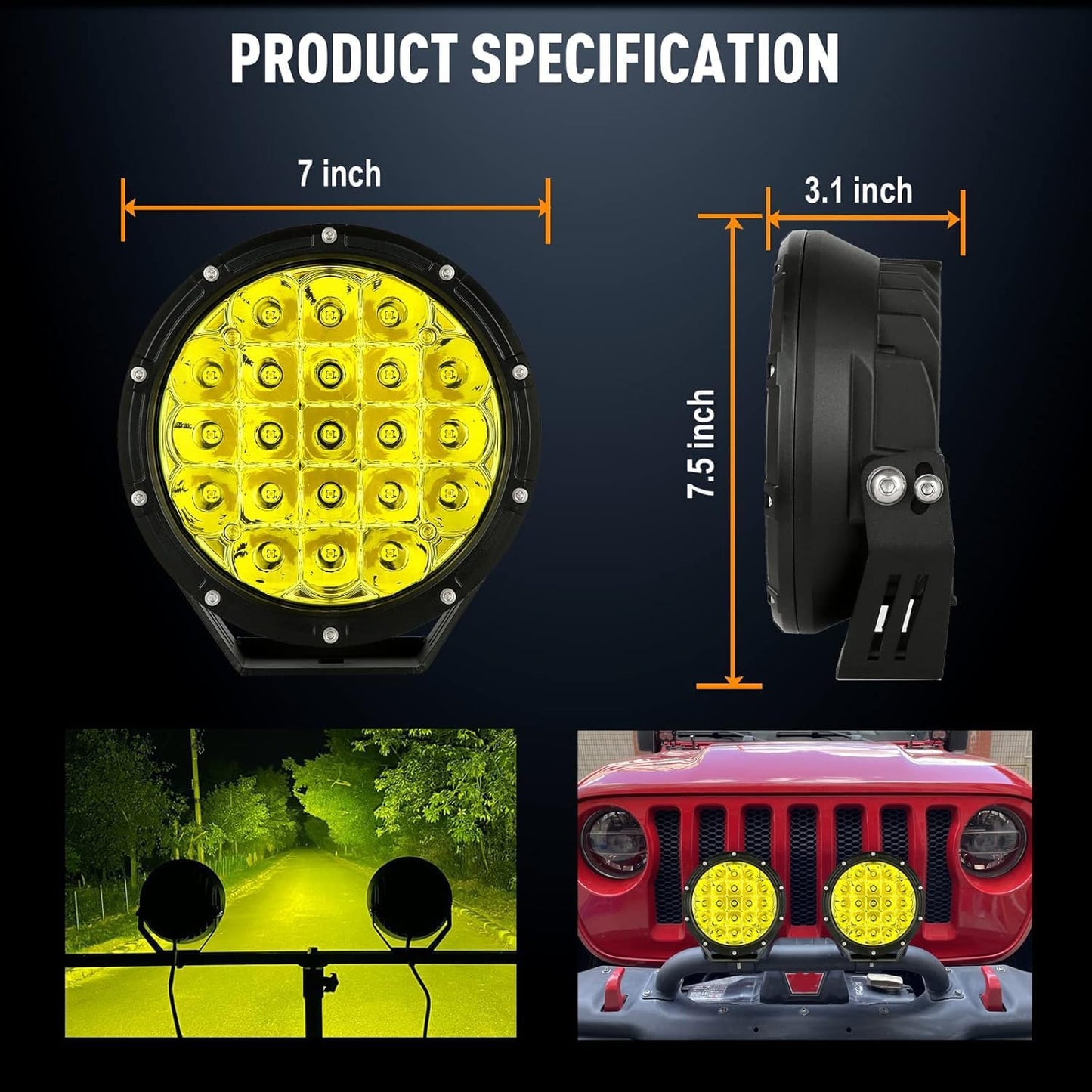 BIGLION.X 7inch Amber Round Off Road Lights Pair 210W 32000LM Super Bright Yellow LED Offroad Driving Lights Spot Lights Waterproof IP68 With EMC 12V-32V for Pickup Trucks SUV UTV