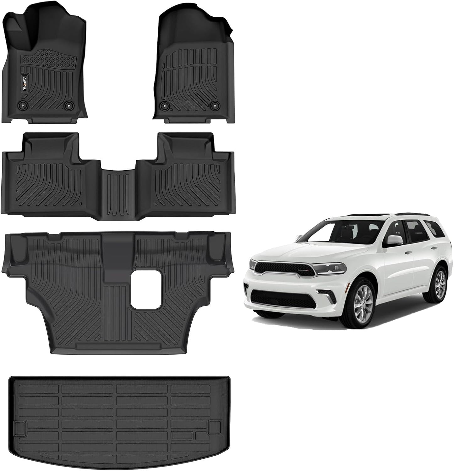 AIPOIL® Floor Mats & Cargo Liner Set for 2016-2024 2025 Dodge Durango (7 Passenger Bench) All Weather Protection TPE Anti-Slip Automotive Full Set Custom Car Mats Accessories - Black