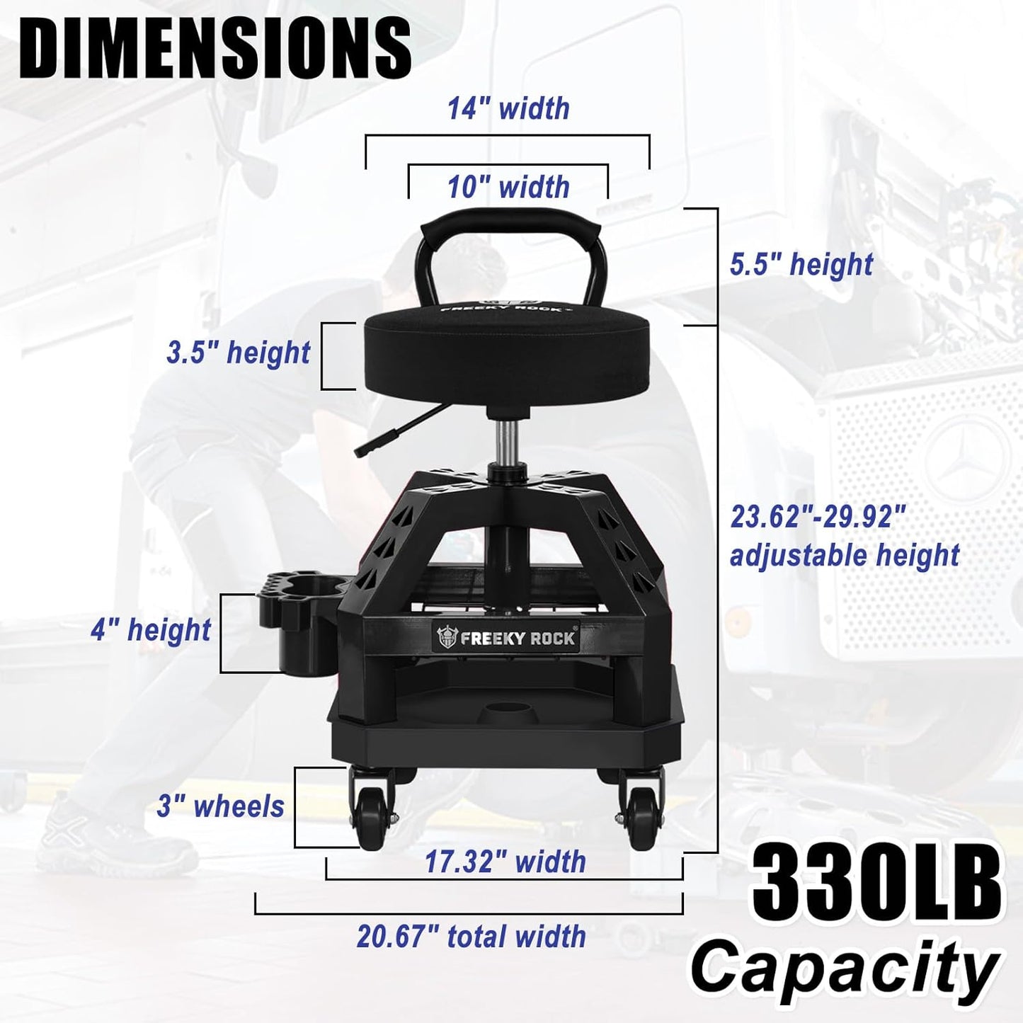 Rolling Shop Stool with Wheels, Heavy Duty Garage Work Mechanic Stool with Backrest, Adjustable Height 360°Swivel Rolling Chair with Tool Tray Storage, 330 LBS Capacity, Black