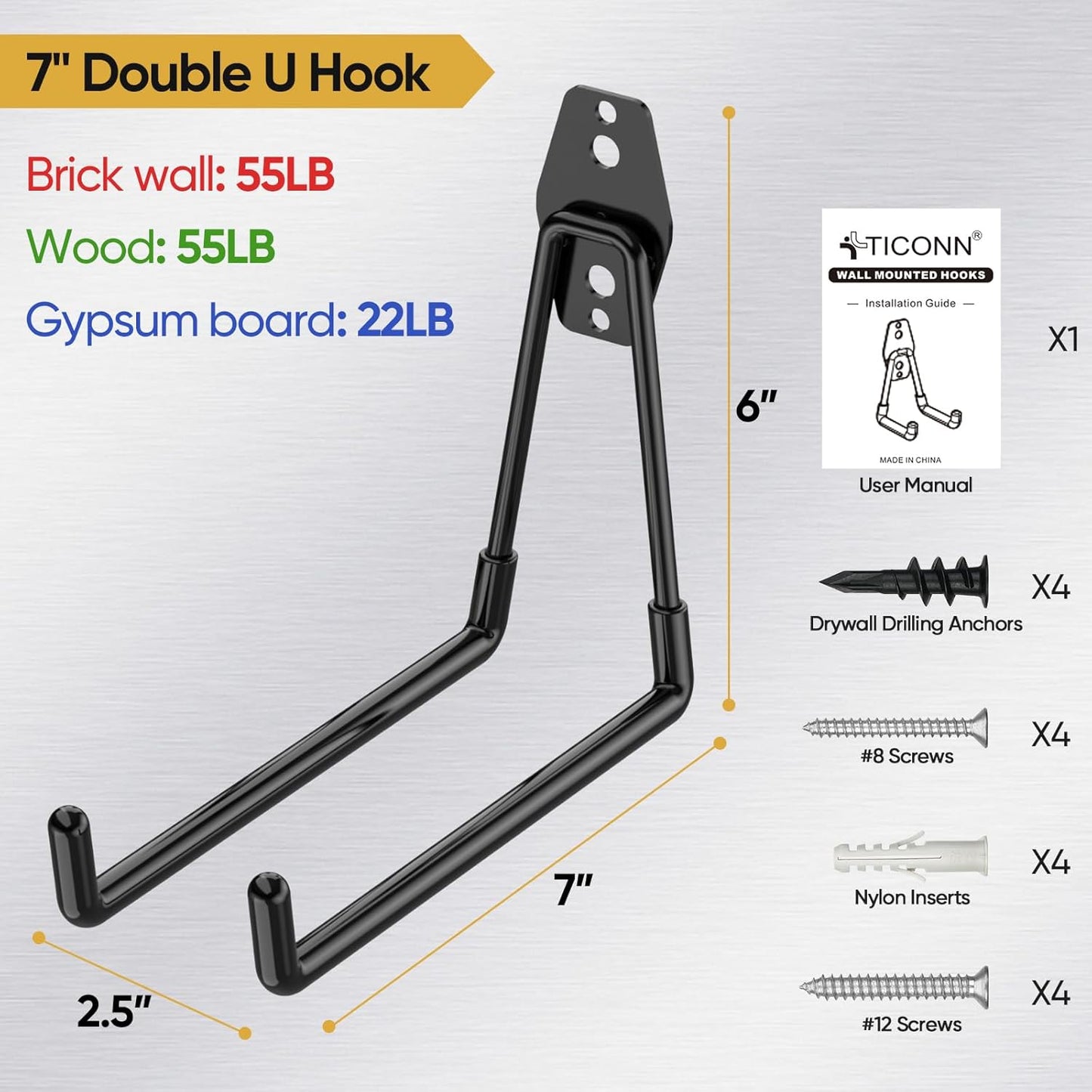 TICONN 2 Pack Heavy Duty Garage Hooks, Steel Utility Wall Storage Hooks, Wall Mount Hanger Organizer for Ladders, Bikes, Tools, Bulky Items (Large, Yellow Square)