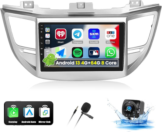 UNITOPSCI 4G+64G 8Core Android 13 Car Stereo for Hyundai Tucson 2015-2018 Wireless Apple CarPlay Android Auto 9” Touchscreen Bluetooth 5.0 GPS Navi DSP Mirror Link WiFi FM/RDS SWC+Backup Camera Mic