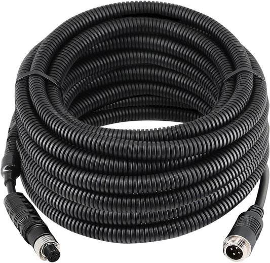 4 Pin Backup Camera Cable with Corrugated Tube Cover, 4 Pin Aviation Extension Cord, Weatherproof, Compatible with Rearview Camera Systems, Radar DVRs, CCTV Security Systems(65FT/20M)