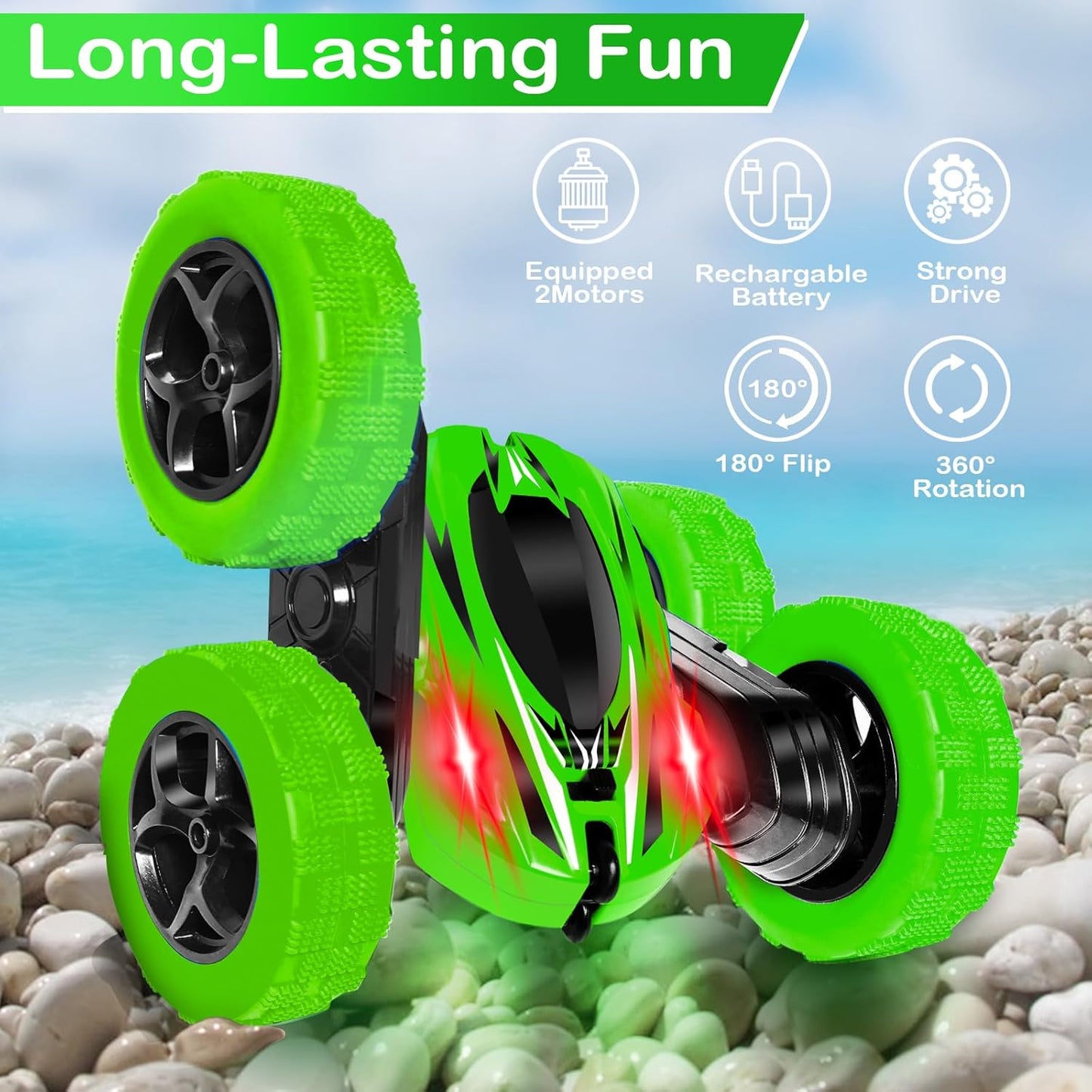 FREE TO FLY Remote Control Car for Boys 8-12: 2.4Ghz Electric Rechargeable Race Stunt Cars Double Sided 360 Rolling Rotating Rotation with Led Headlights