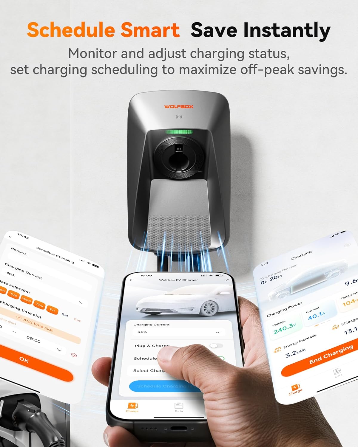 WOLFBOX Level 2 ev Charger 40 Amp J1772,ev Charger Level 2 with NEMA 14-50 Plug 25ft Cable,Smart APP&RFID Card Control,240V Electric Vehicle Charging Station for Electric Automobile(WE40)