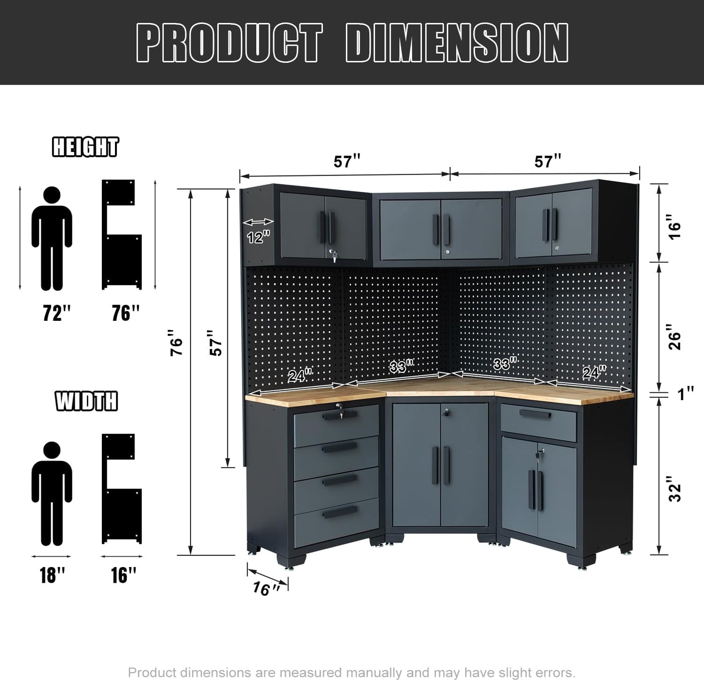 Corner Workshop Set - Garage Cabinets and Storage System with Corner Cabinet, Cabinet Drawers, Workbench, Pegboard for Tool Organization - Black and Grey