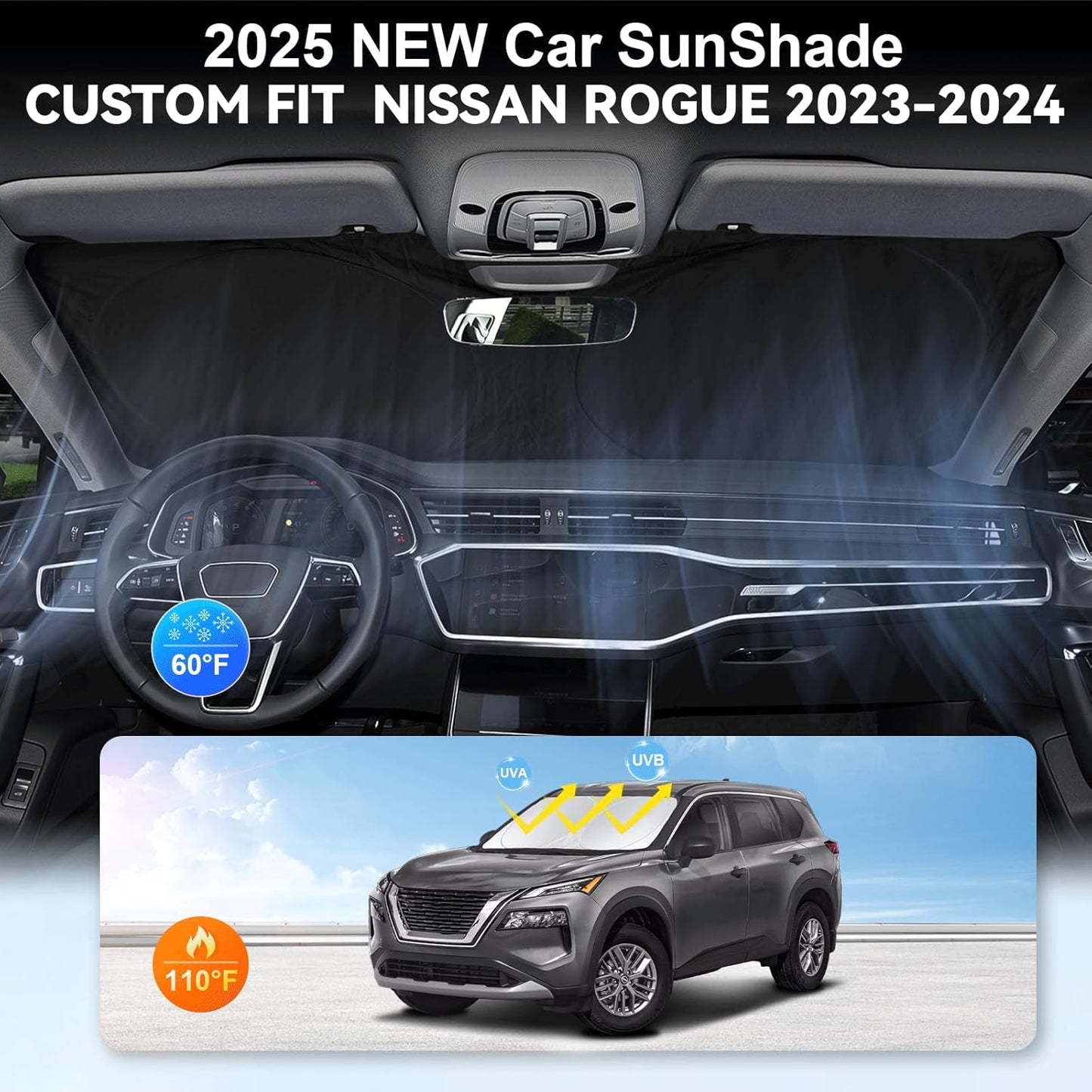 Custom Fit Rogue Windshield Sunshade for 2023-2024 2025 Nissan Rogue (NOT for Rogue Sport & 2021 Rogue 3rd Gen. T33) Window Car Shades Shield Cover for Windshield 210T Silver Coating Sun Visor