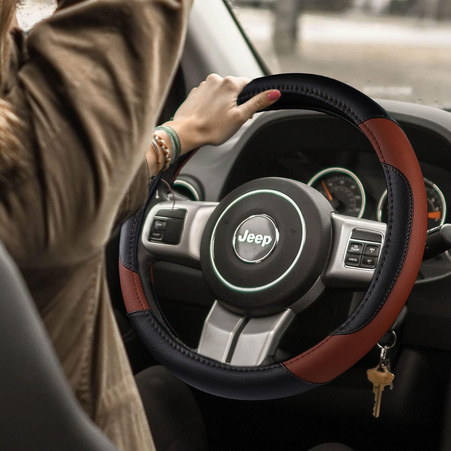 Leather Car Steering Wheel Cover, Non-Slip Car Wheel Cover Protector Breathable Microfiber Leather Universal Fit for Most Cars(Brown)