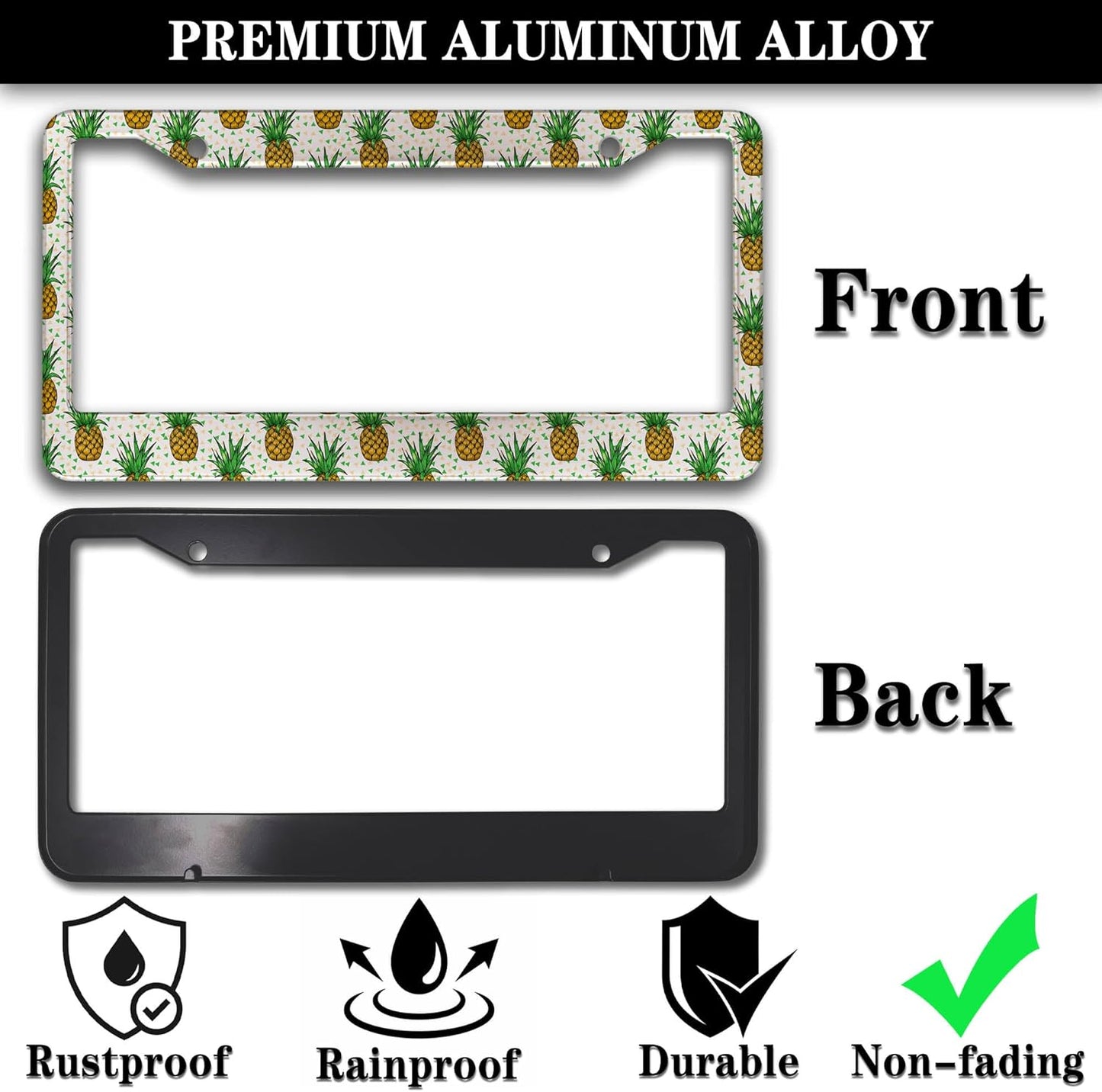 Car License Plate Frame Black Yellow License Plate Frames Yellow Pineapple Aluminum Metal Car Accessory 2 Pack with Screw Covers Set