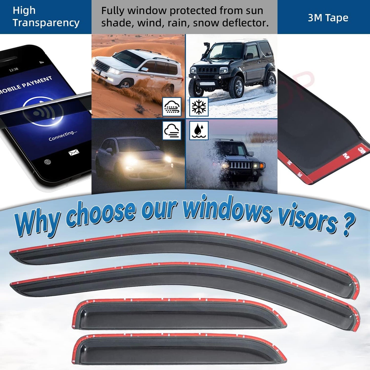 4pcs Front+Rear Smoke Sun/Rain Guard Outside Mount Tape-On Window Visors Compatible with 02-08 Ram 1500 03-09 2500/3500/4500/5500 Quad/Crew Cab