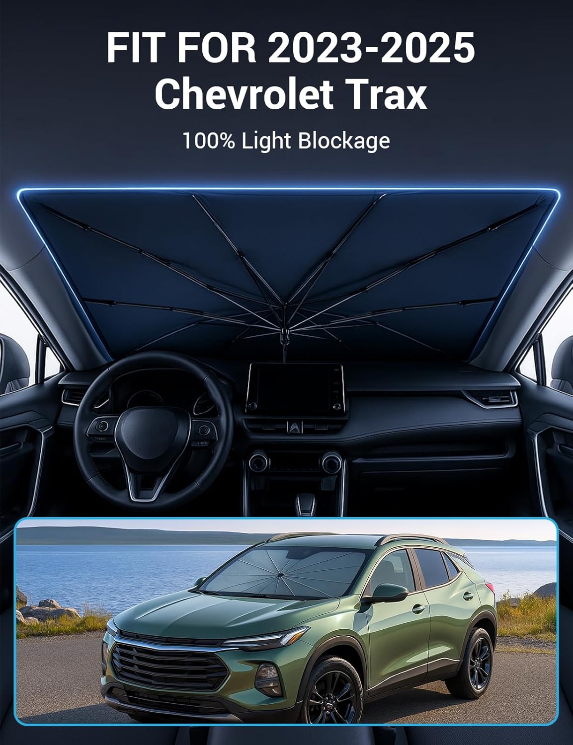 Proadsy Windshield Sun Shade Umbrella for Chevrolet Trax 2024-2025 2026 Models LS, 1RS, LT, 2RS, ACTIV, Foldable Car Umbrella Sunshade with Soft Handle Protect Car from Rays & Heat
