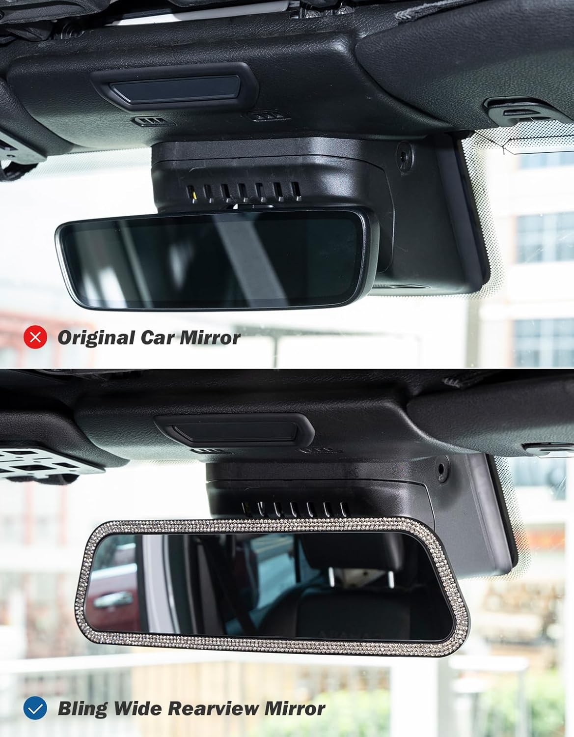 JOYTUTUS Rearvie Mirror, 12 Inch Panoramic Interior Clip-on Wide Angle Convex Rear View Mirror with Bling Rhinestones Diamonds Edge, Effectively to Reduce Blind Spot, Universal for SUV Trucks -White