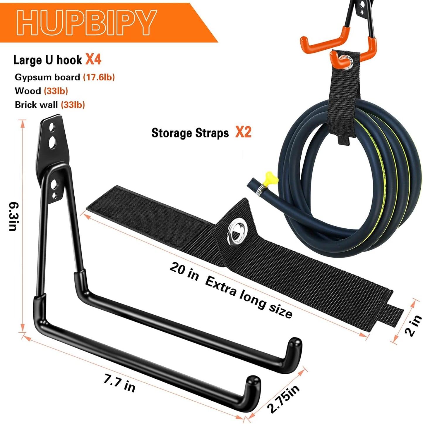 Heavy Duty Garage Hooks 4 Pack, 7.7 inch U Shaped Long Hanger, with 2 Extension Cord Holder Organizer, Wall Mounted Storage System, for Power and Garden Tool Hanging， Ladders, Bikes, Hose