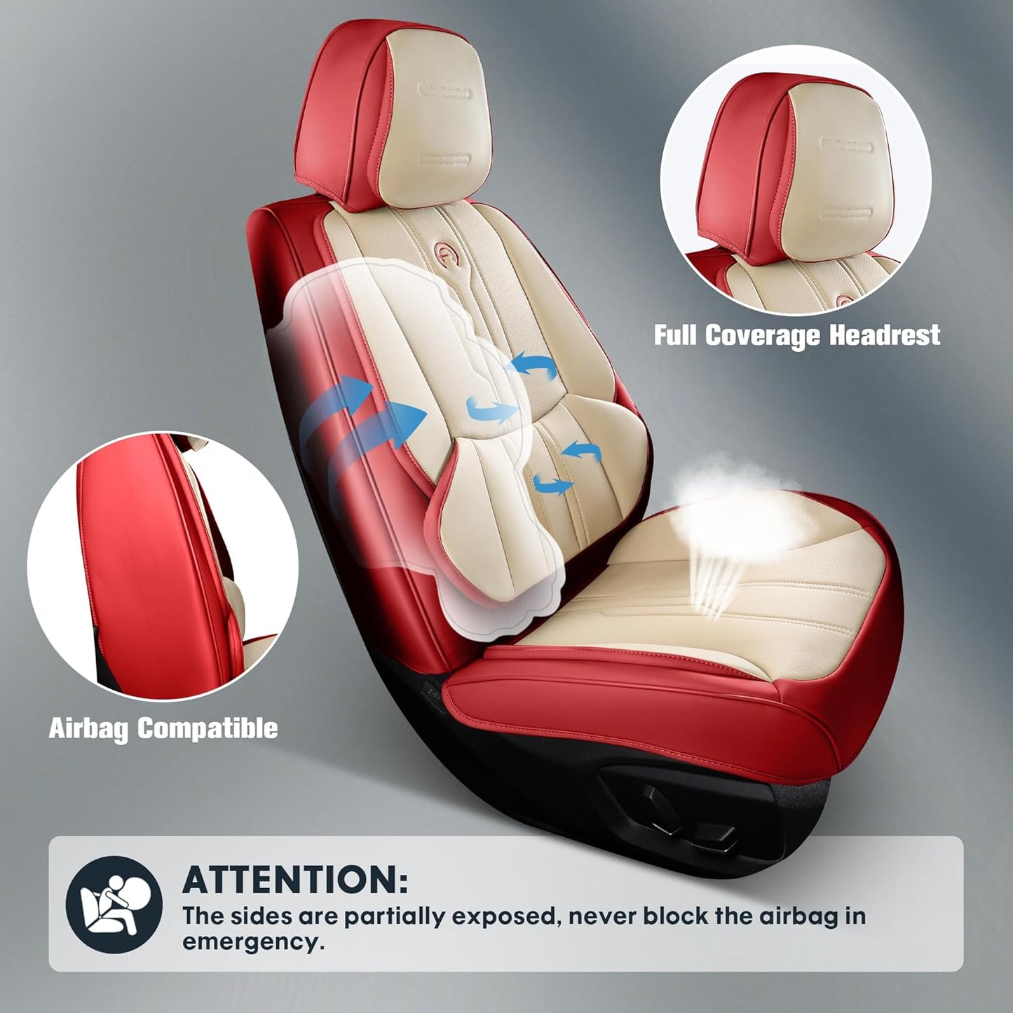 AOOG Front Seat Covers, Car Seat Covers Front Seats, Leather Seat Covers for Cars, Waterproof Seat Covers with Lumbar Support Universal Fit for Most Cars SUV Trucks(Front Pair, Red)