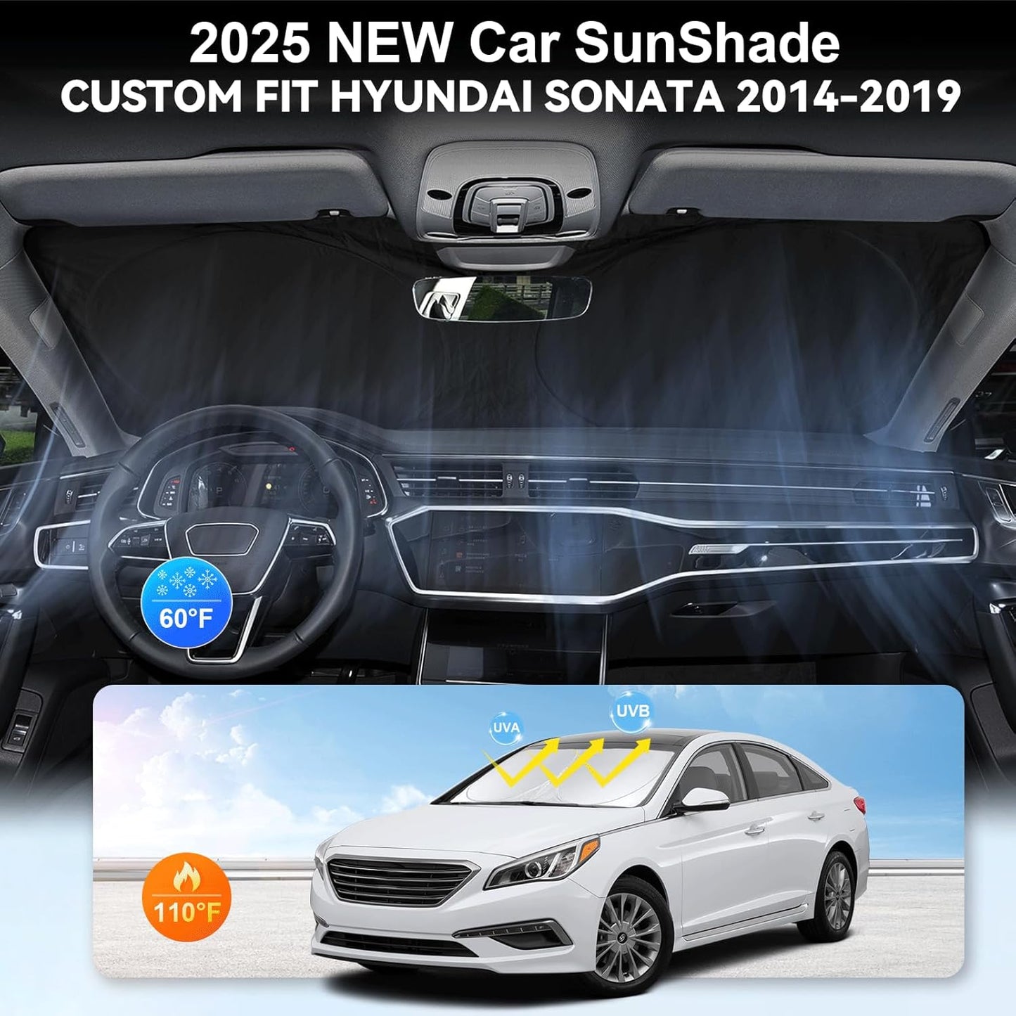 Custom Fit Sonata Windshield Sunshade for 2014 2015 2016 2017 2018 2019 Hyundai Sonata Front Window Shade Cover for Windshield Sun Visor Protector 210T Reflector Blocks UV Rays Cooler Car Accessories