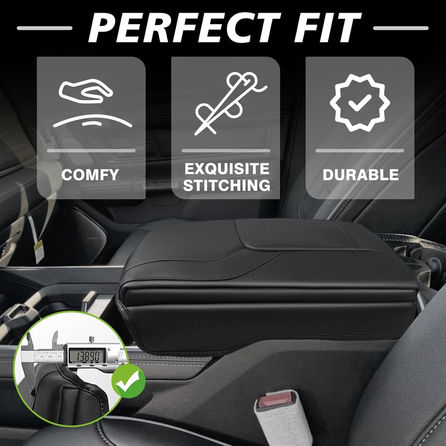 Muslogy Center Console Armrest Cover Compatible with Dodge Ram1500 2500 3500 2019-2025 Comfort Armrest Pad Arm Rest Cushion Vegan Leather Protector 1-Inch Extra Thick(Bucket Seat ONLY, NO FOR LIMITED)