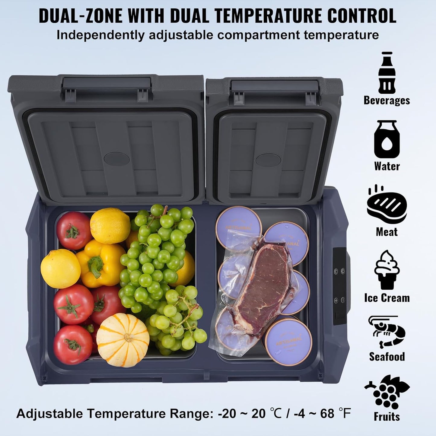 VEVOR NLS35, 12 Volt Car Refrigerator Fridge, 25Liter(26.4qt) Dual Zone Portable Freezer, -4℉-68℉ Adjustable Range, 12/24V DC and 100-240V AC Compressor Cooler for Outdoor, Camping, RV, Grey