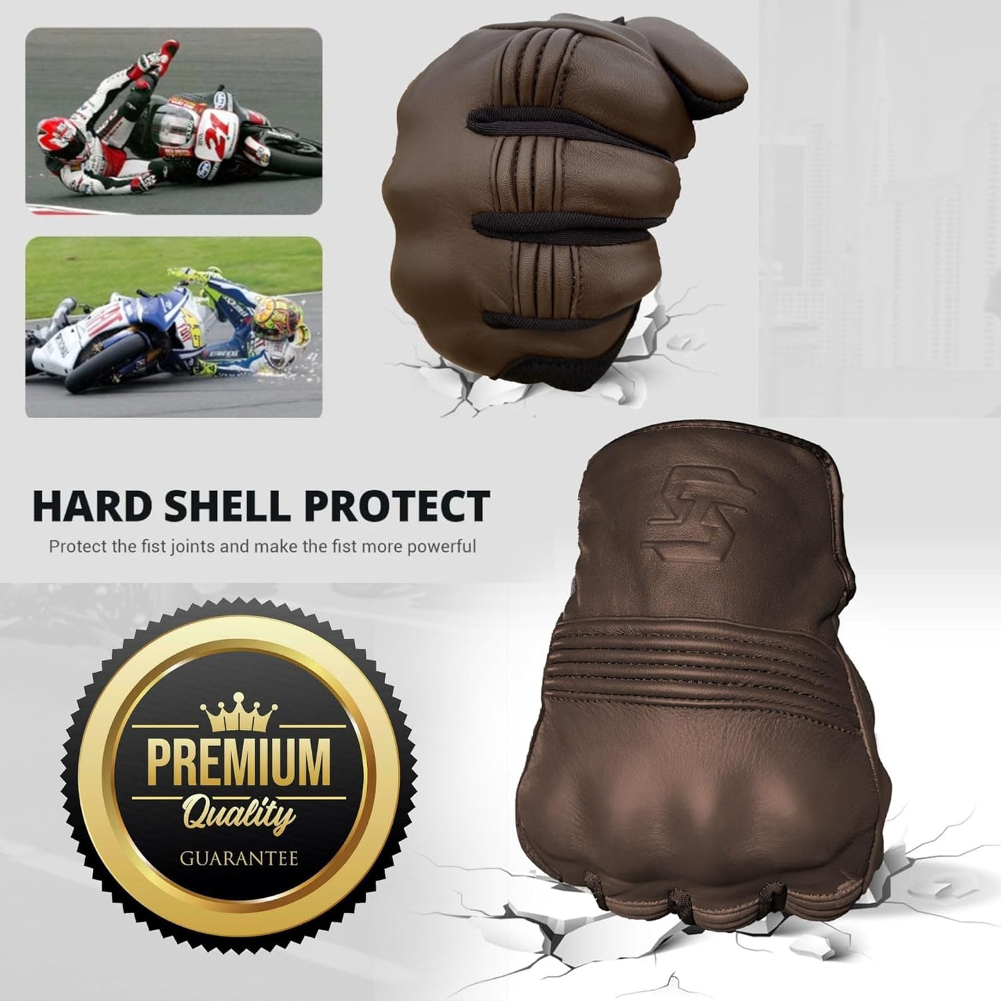 Leather Motorcycle Gloves for Men and Women | Touchscreen | Full Finger | Goatskin Leather Hard Knuckle Motorcycle Riding Gloves (Classic Brown, Medium)