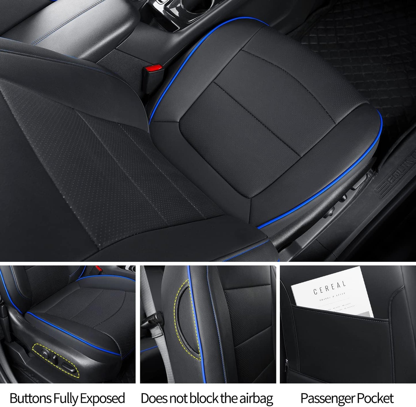 RISINGSTAR Terrain Seat Covers, fit for 2018-2024 GMC Terrain SUV with Rear Split Seats, Water Proof Faux Leather(Full Set, Black&Blue)