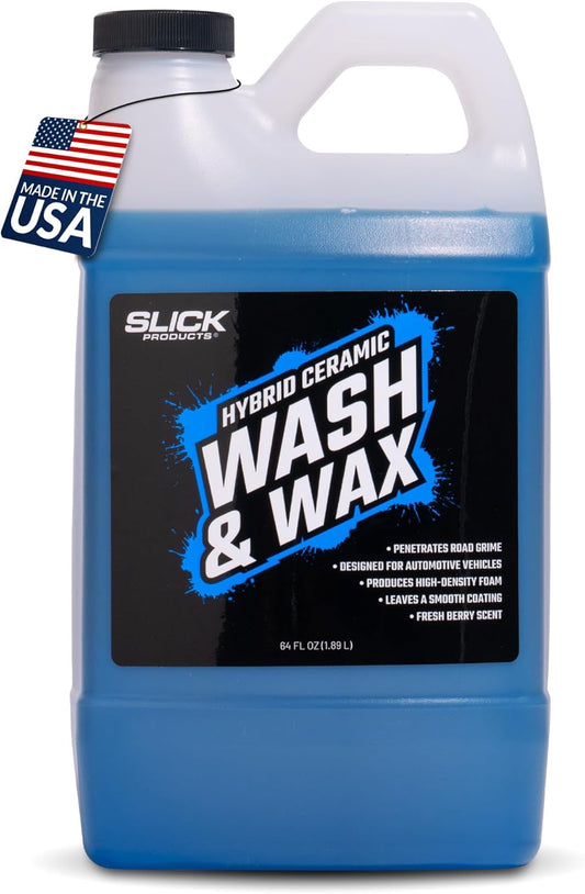Slick Products Wash & Wax Extra Thick Foaming Cleaning Solution Motorcycle, Truck, Trailer, Boat, Car Wash Soap - Works With Foam Cannon, Foam Gun, Sprayers, Buckets, 64 oz., Tropical Scent