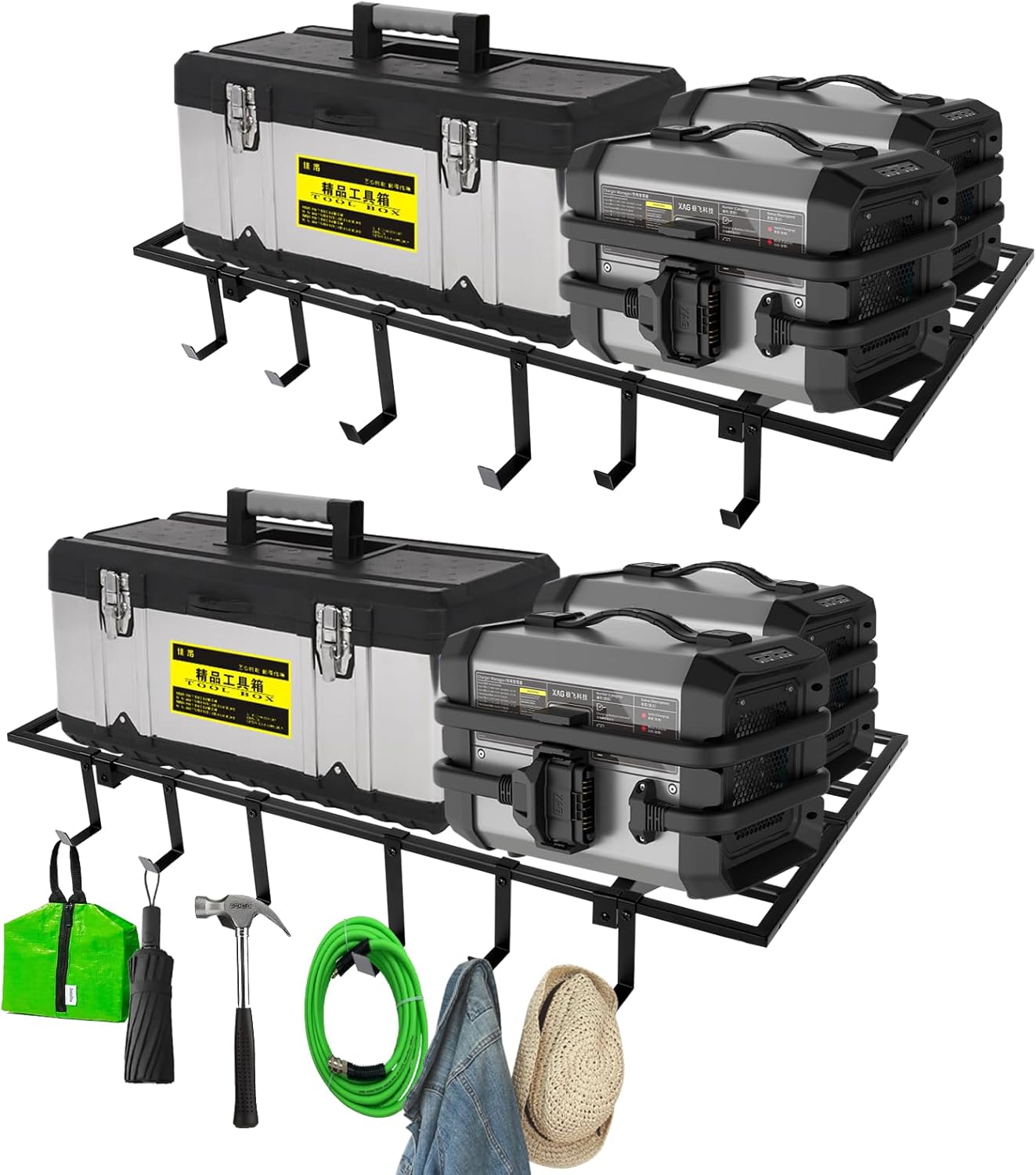 Garage Wall Shelving, 2X4ft Garage Storage Rack,Heavy Duty Wall Mounted Storage Shelf With 12 pc Hooks-Each Loads 260lbs Metal Wall Shelf,Black,2Pack