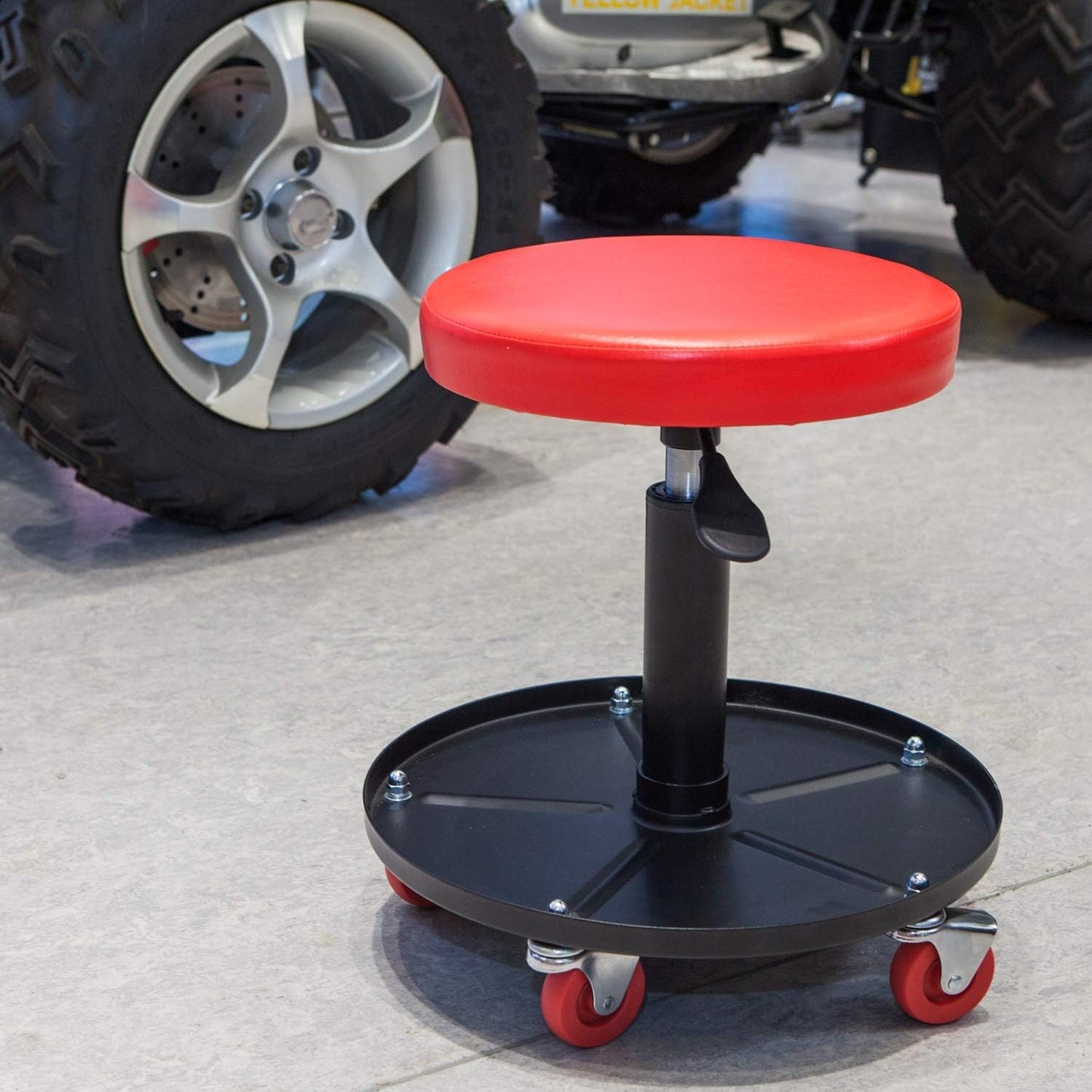 Big RED Creeper Garage/Shop Seat: Heavy Duty Rolling Pneumatic Padded Adjustable Mechanic Stool with Tool Tray Storage, Red Large