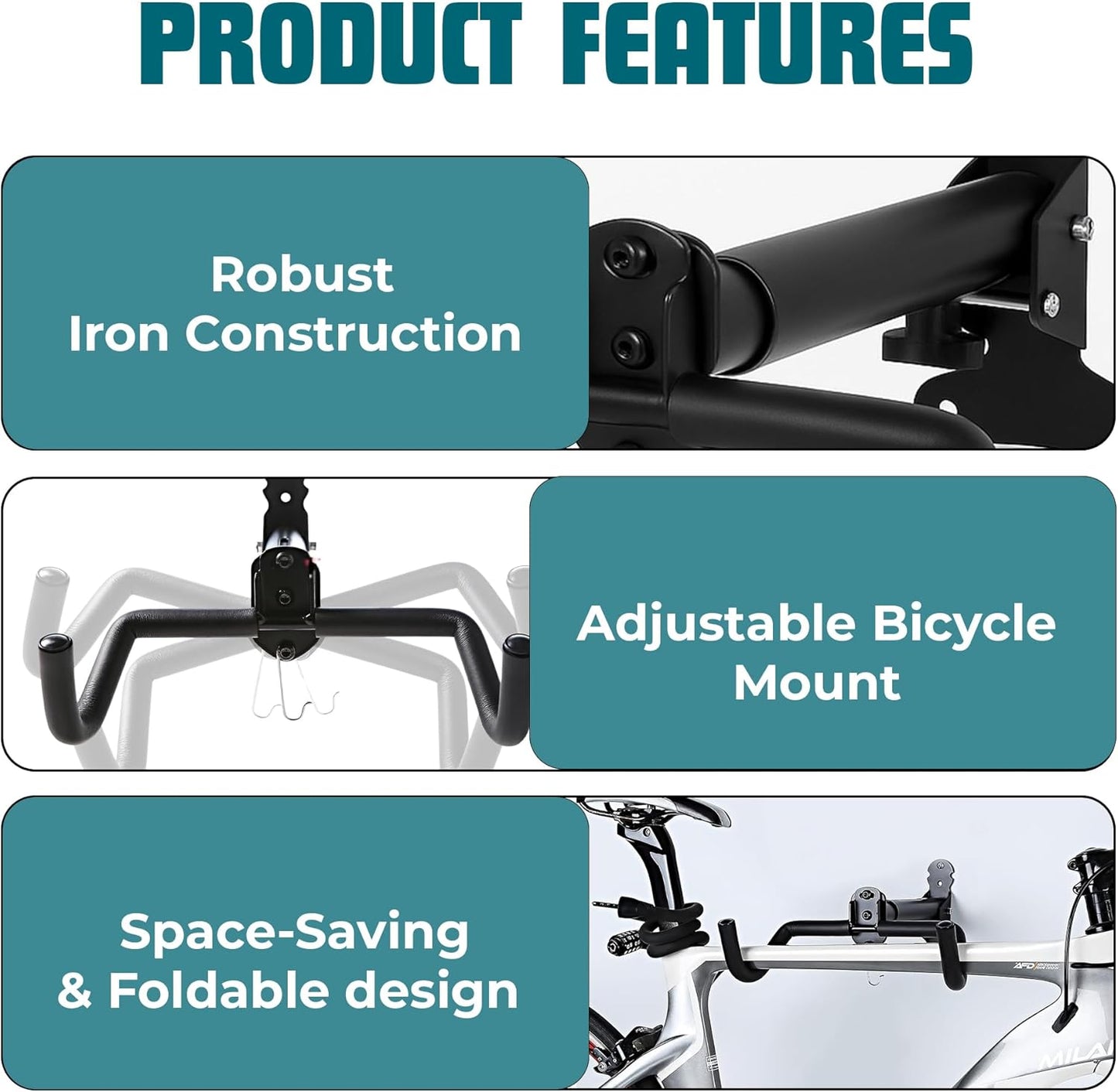 Bike Wall Mount, 2 Pack Bike Hanger, Foldable Bicycle Storage Horizontal Rack, Includes Bike Hook, for Garage, Indoor or Shed with Screws