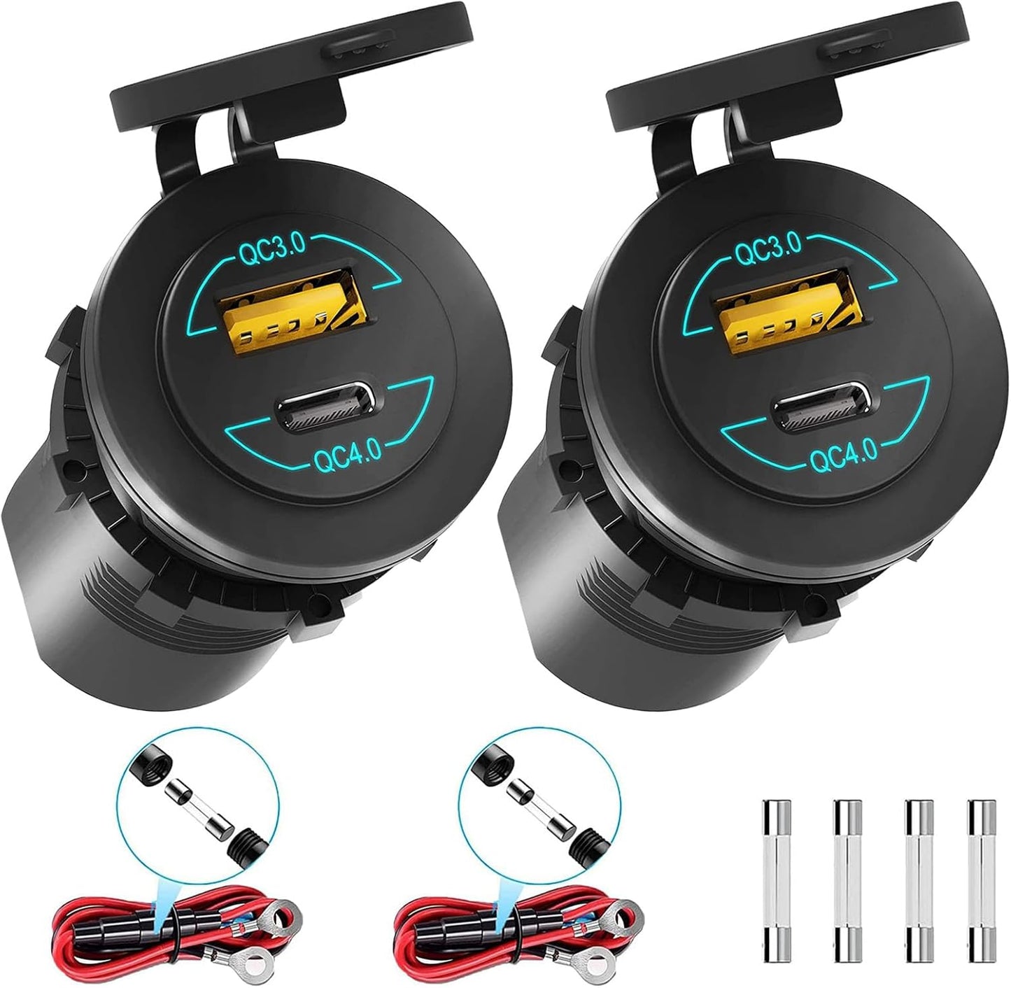 2 Pack 12V USB Outlet - 90W(Max) Dual Ports QC4.0 PD & Quick Charge3.0 Car Charger Socket with LED Indicator - Waterproof USB C Port for Car Boat Marine Motorcycle RV Truck ATV Golf Cart