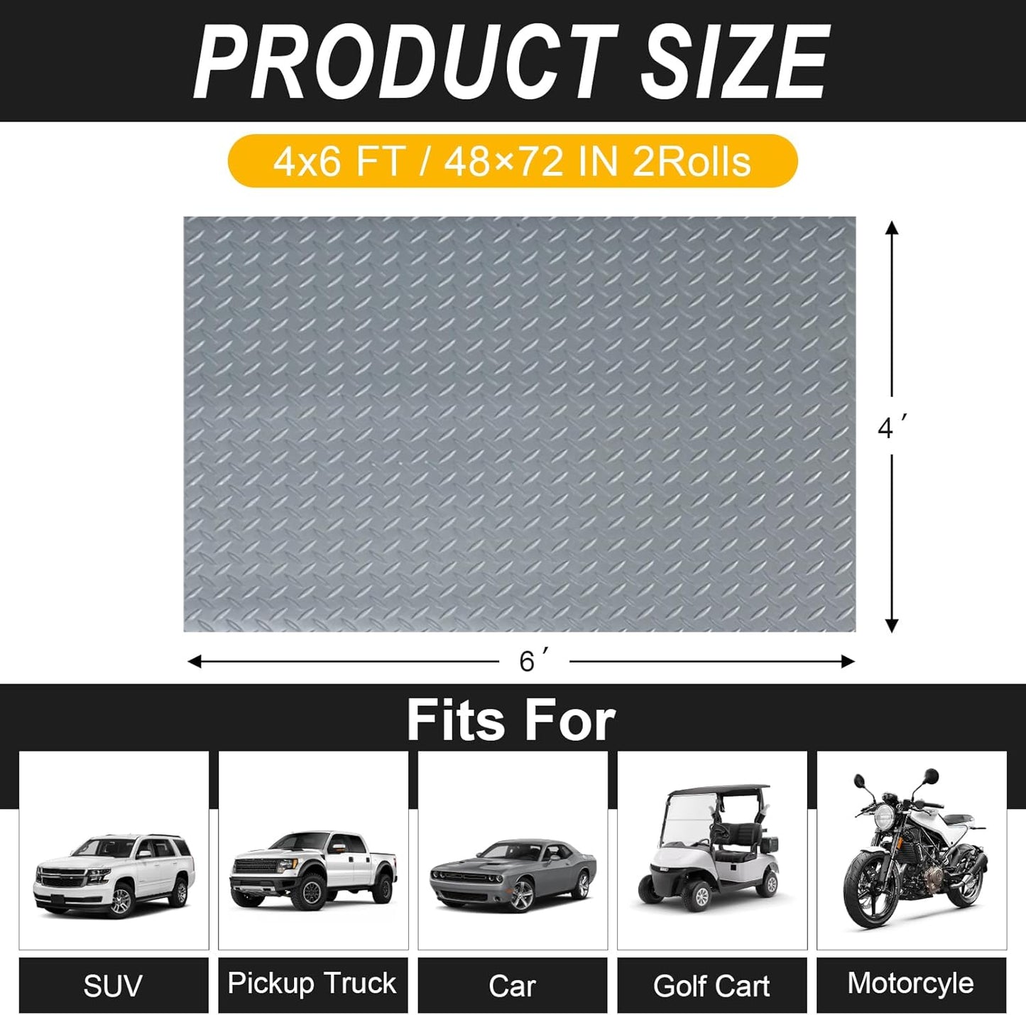 4x6 FT Garage Floor Mat, 2 Rolls 2.8mm Thickened Flooring Roll 48 sqft Diamond Plate PVC Rubber Trailer Mat, Non-Slip Floor Mat for Garage, Warehouse, Gyms, Boats, Pickup Truck, Gray