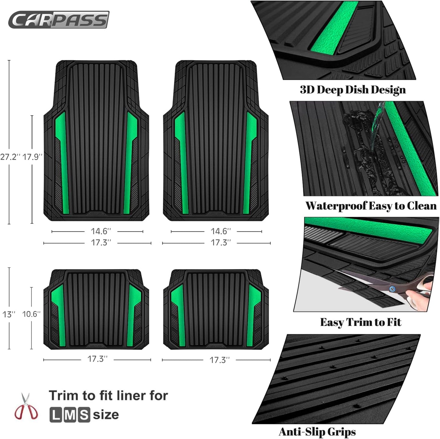 CAR PASS Heavy Duty Rubber Car Mats Metallic,Aluminum Film All Weather Floor Mats Waterproof Universal Trim to Fit SUVs Sedans Vans 4 Piece Anodized Deep Dish Two-Tone Sporty Black Green Chrome