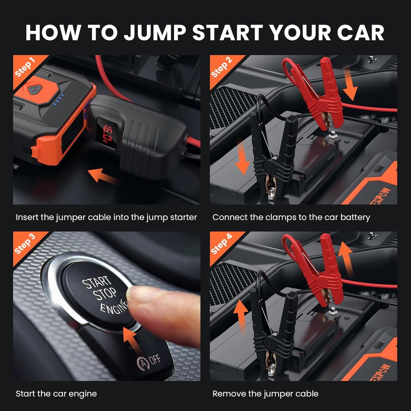 NEXPOW Car Battery Jump Starter 3000A, Portable Jumper Starter (up to 8.0L Gas/8L Diesel Engines) 12V Car Battery Booster Pack with USB Quick Charge 3.0 and 4 LED Modes Red Blue Warning