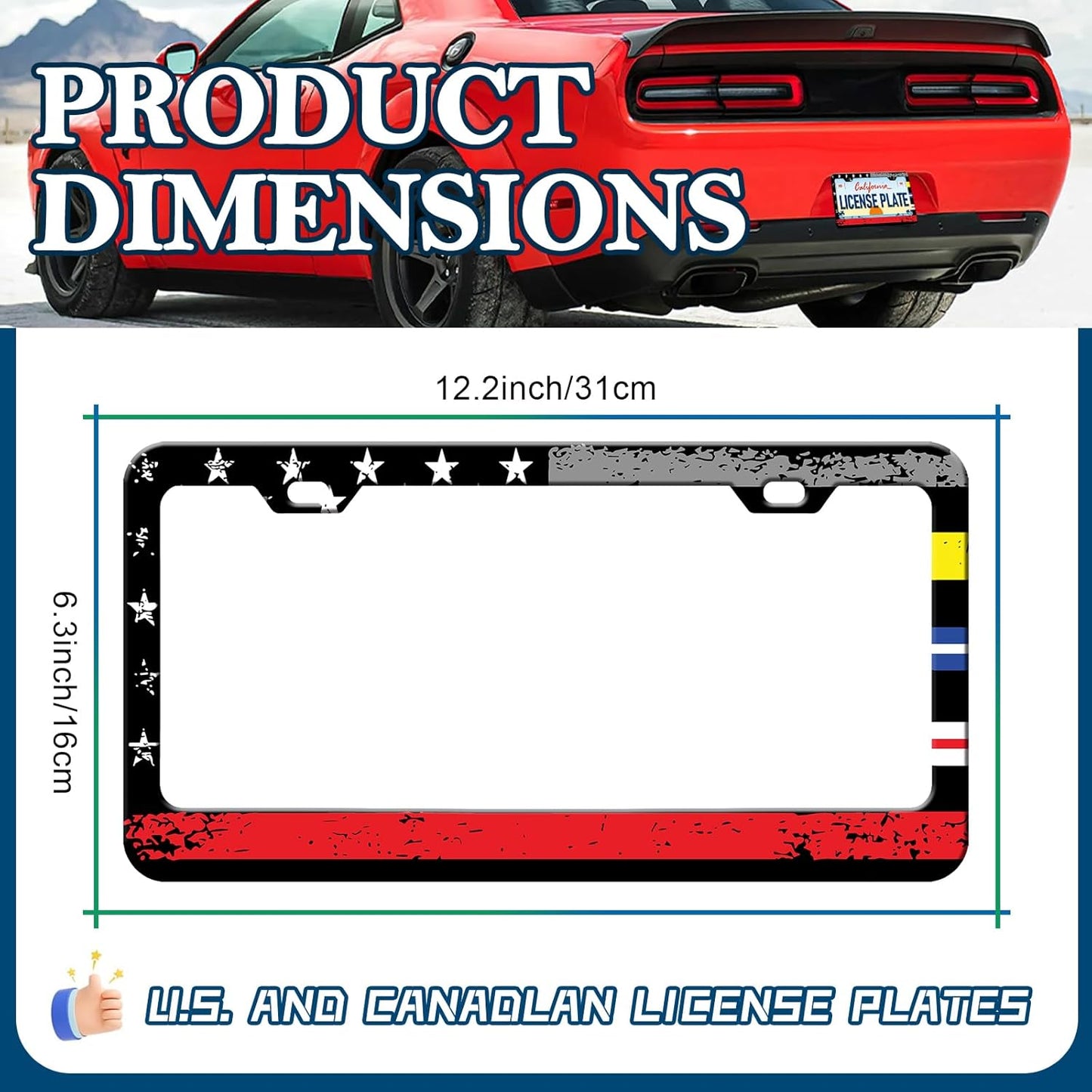 American Flag License Plate Frames - 2 Pack Colorful US Flag Stainless Steel License Plate Holder,Rust-Proof Waterproof Car Decorative Tag Frame with Screws Fasteners Caps