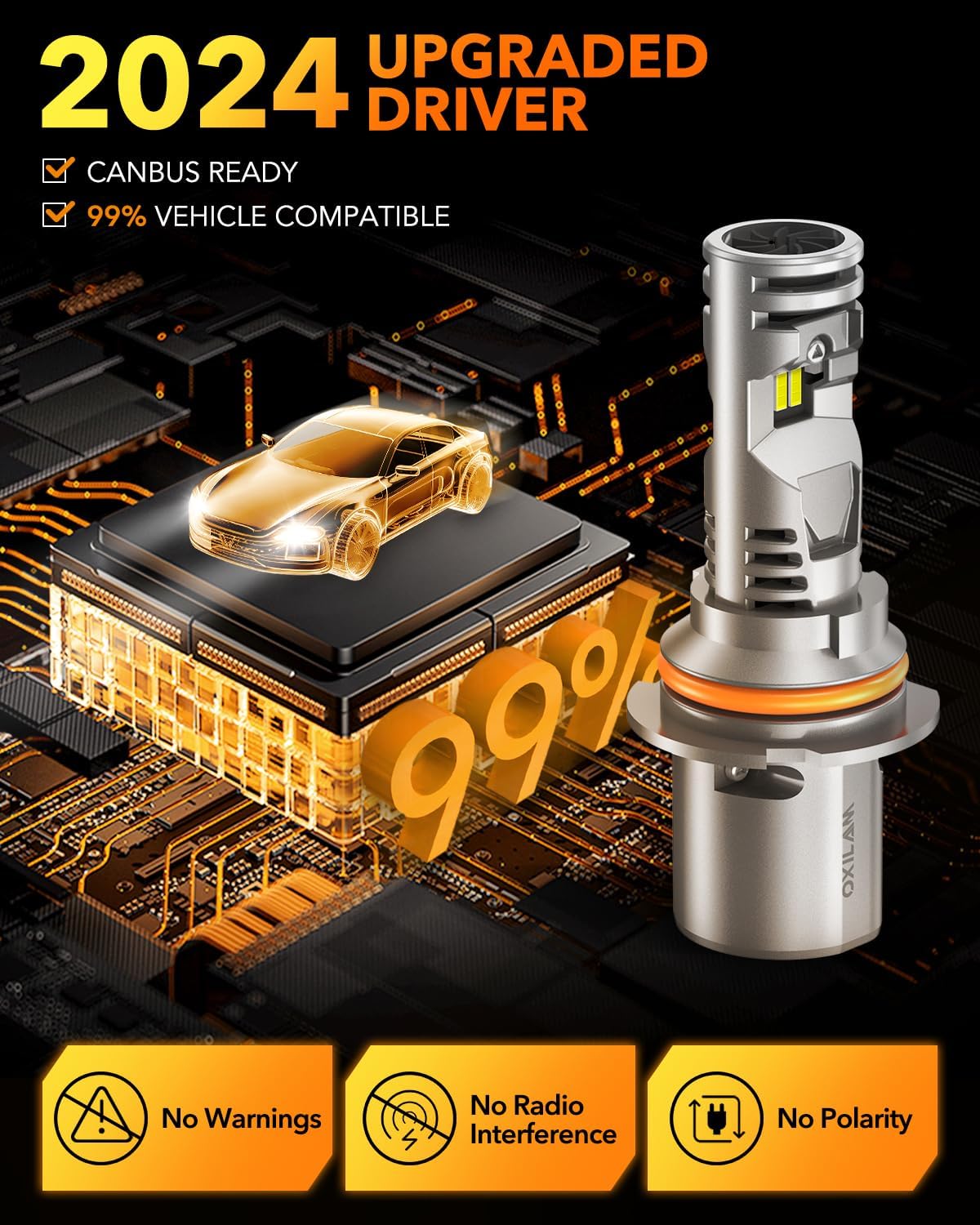 OXILAM 9007/HB5 LED Bulb, 900% Brighter, 3 Min Quick Install, 20 Years Lifespan, No Flicker, 99% Compatibility