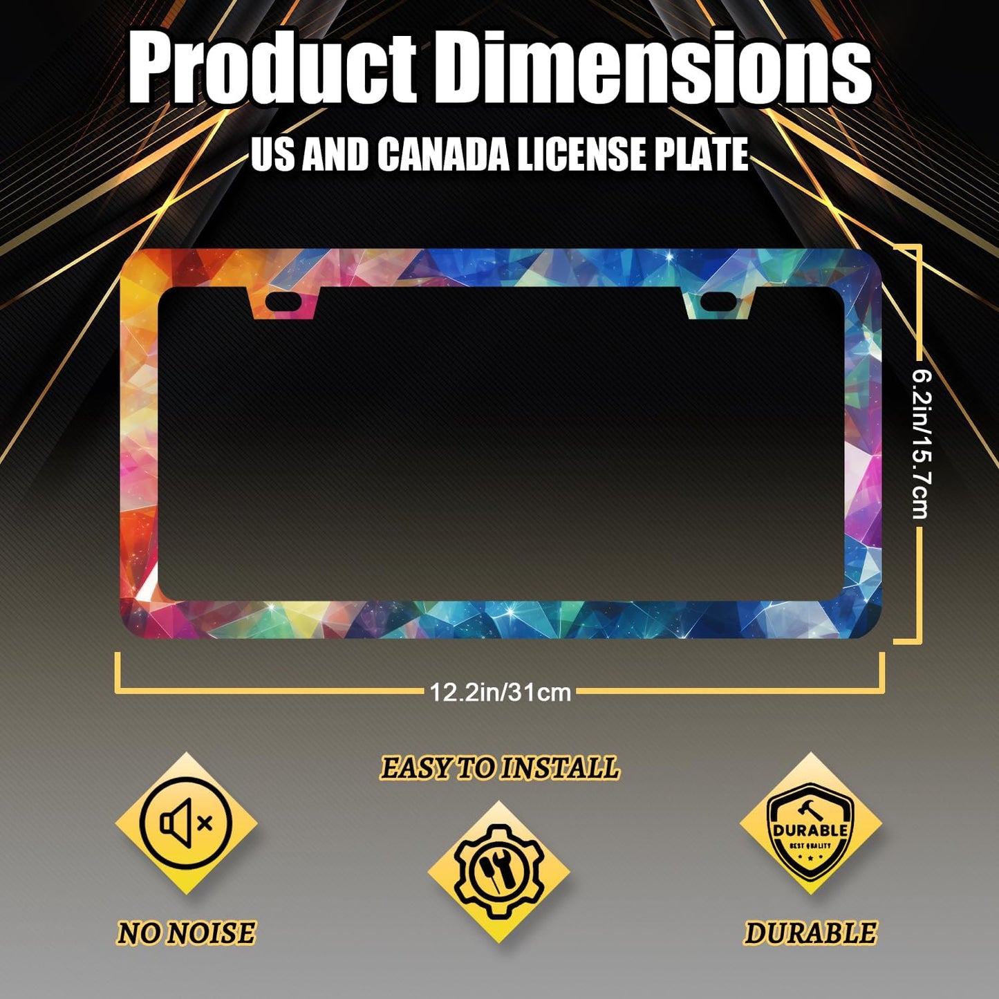 Abstract Shiny License Plate Frame Colorful Bling License Plate Holder for Personalized Car Decorative Stainless Steel Funny License Plate Cool Auto Part with Screws Men Women 12.2" x 6.2"