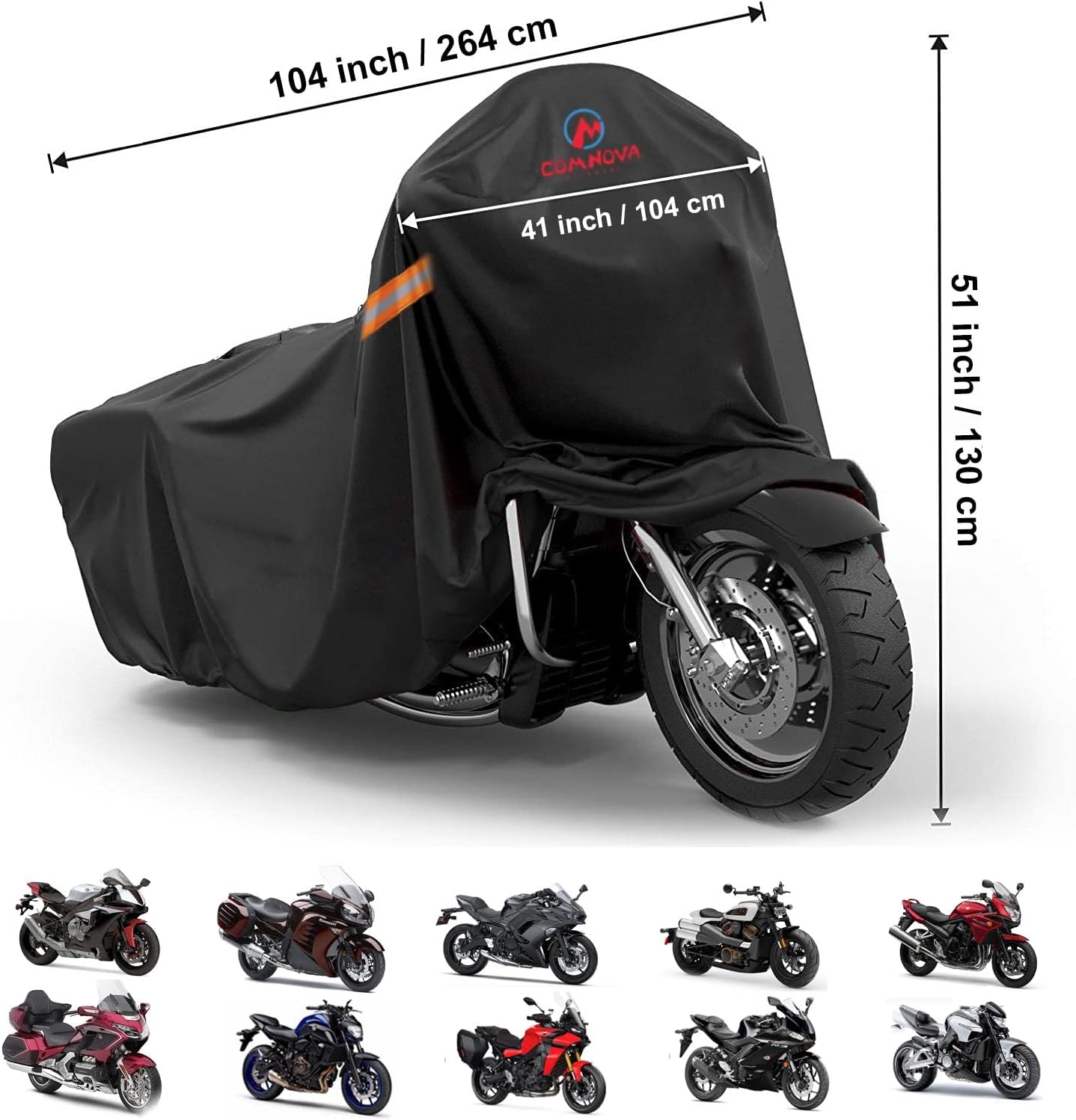 Comnova Motorcycle Cover 104 Inch, 600D Universal Motorcycles Cover Waterproof with Lock-Holes All Season, Large Motorbike Vehicle Scooter Cover for Harley Davidson, Honda, Suzuki, Kawasaki, Yamaha