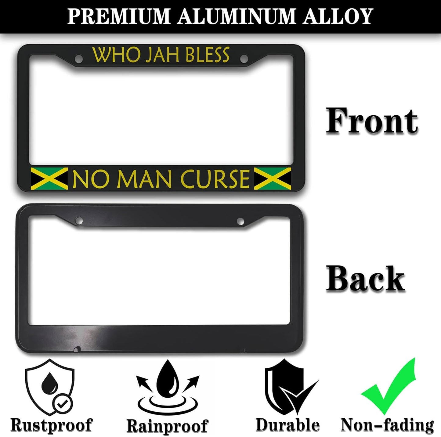 License Plate Holder Black, Yellow, Green License Plate Frames Who Jah Bless No Man Curse Aluminum Metal Car Accessory 2 Pack with Screw Covers Set